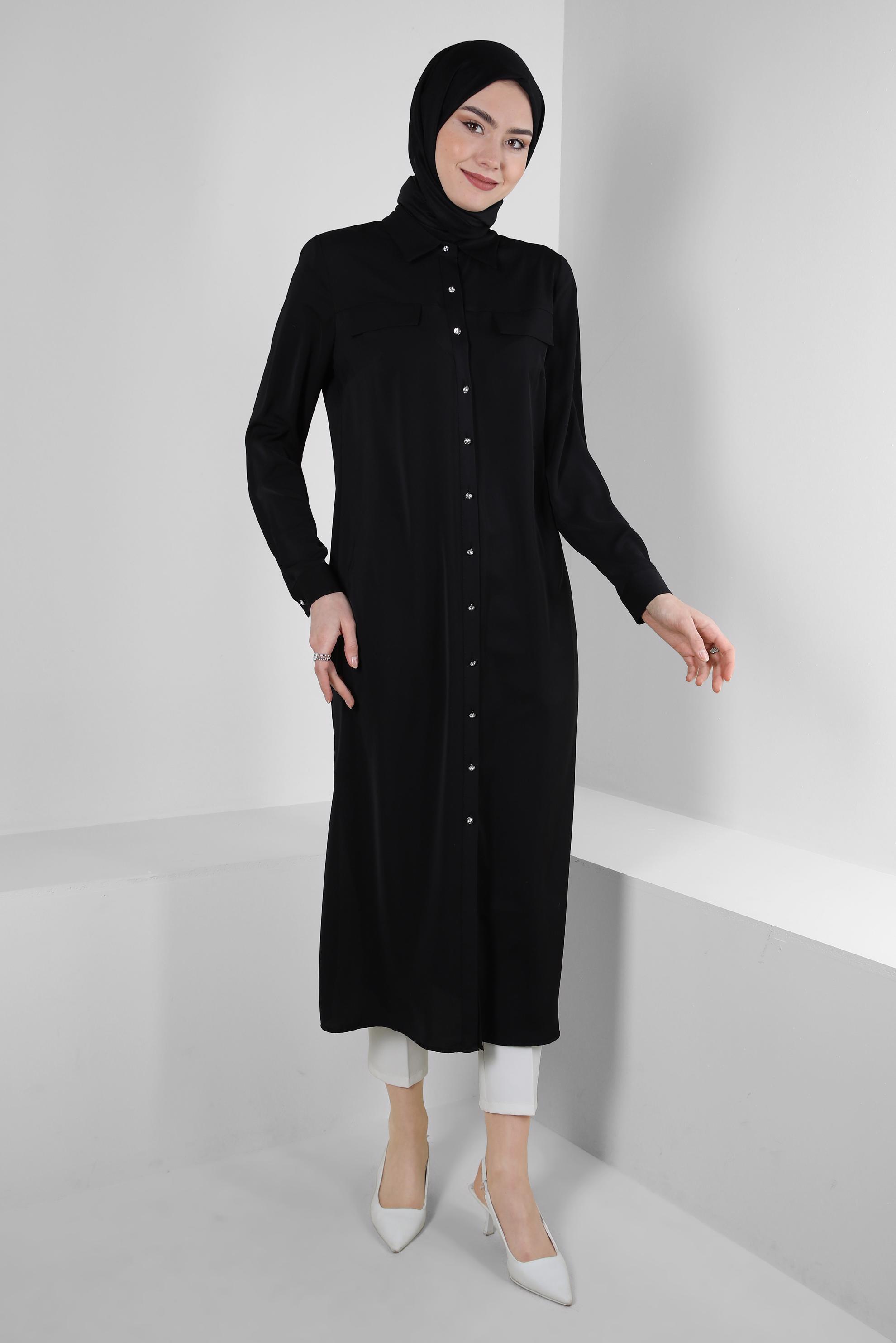 Tesettür giyim SİYAH GÖMLEK YAKA SIRT İŞLEMELİ TUNİK 43566 