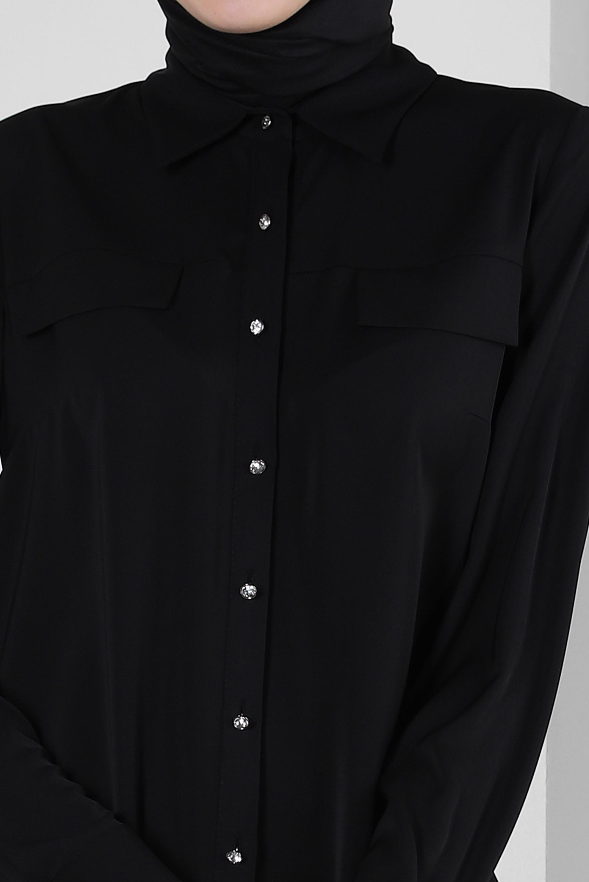 Tesettür giyim SİYAH GÖMLEK YAKA SIRT İŞLEMELİ TUNİK 43566 