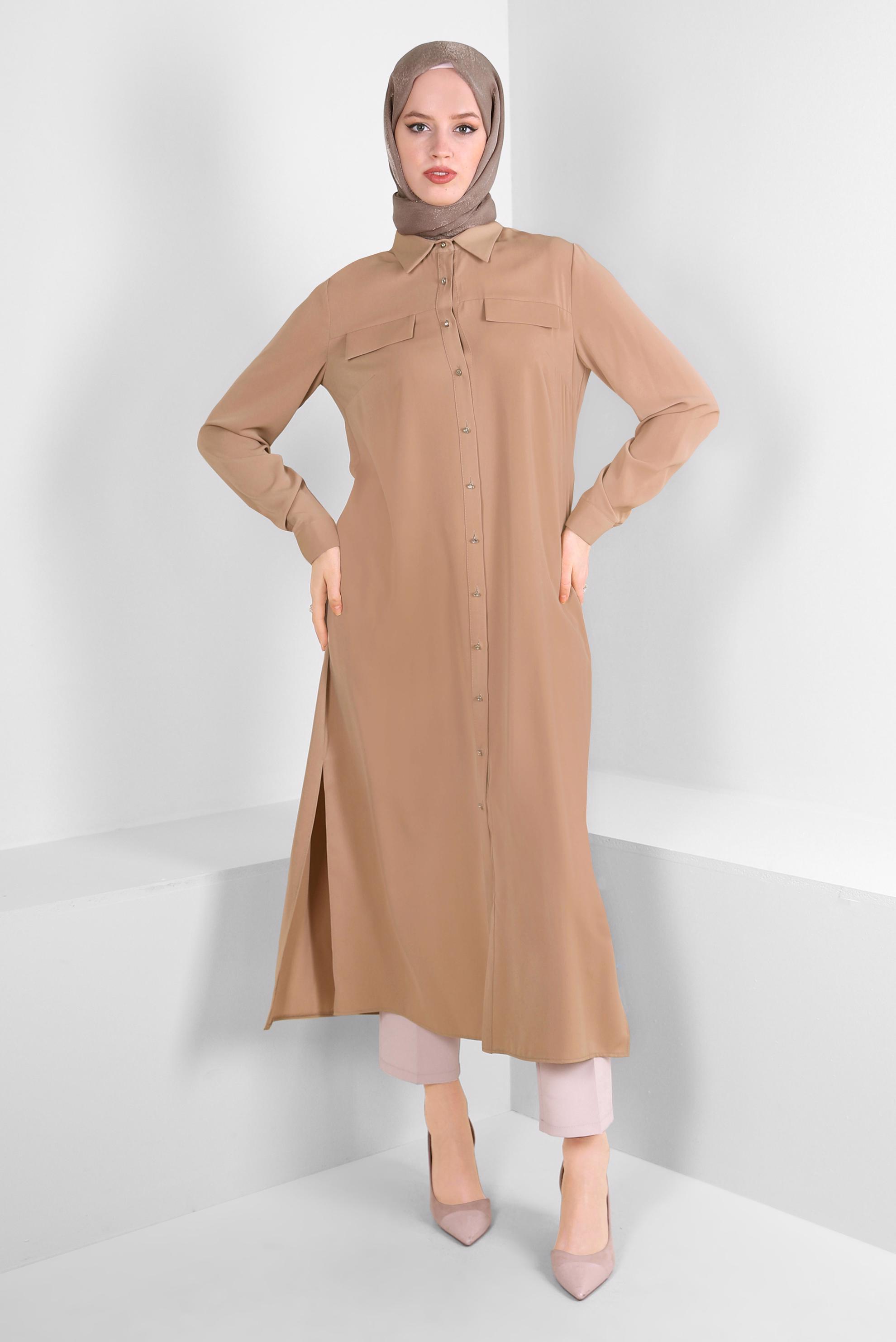 Tesettür giyim KAHVE GÖMLEK YAKA SIRT İŞLEMELİ TUNİK 43566 