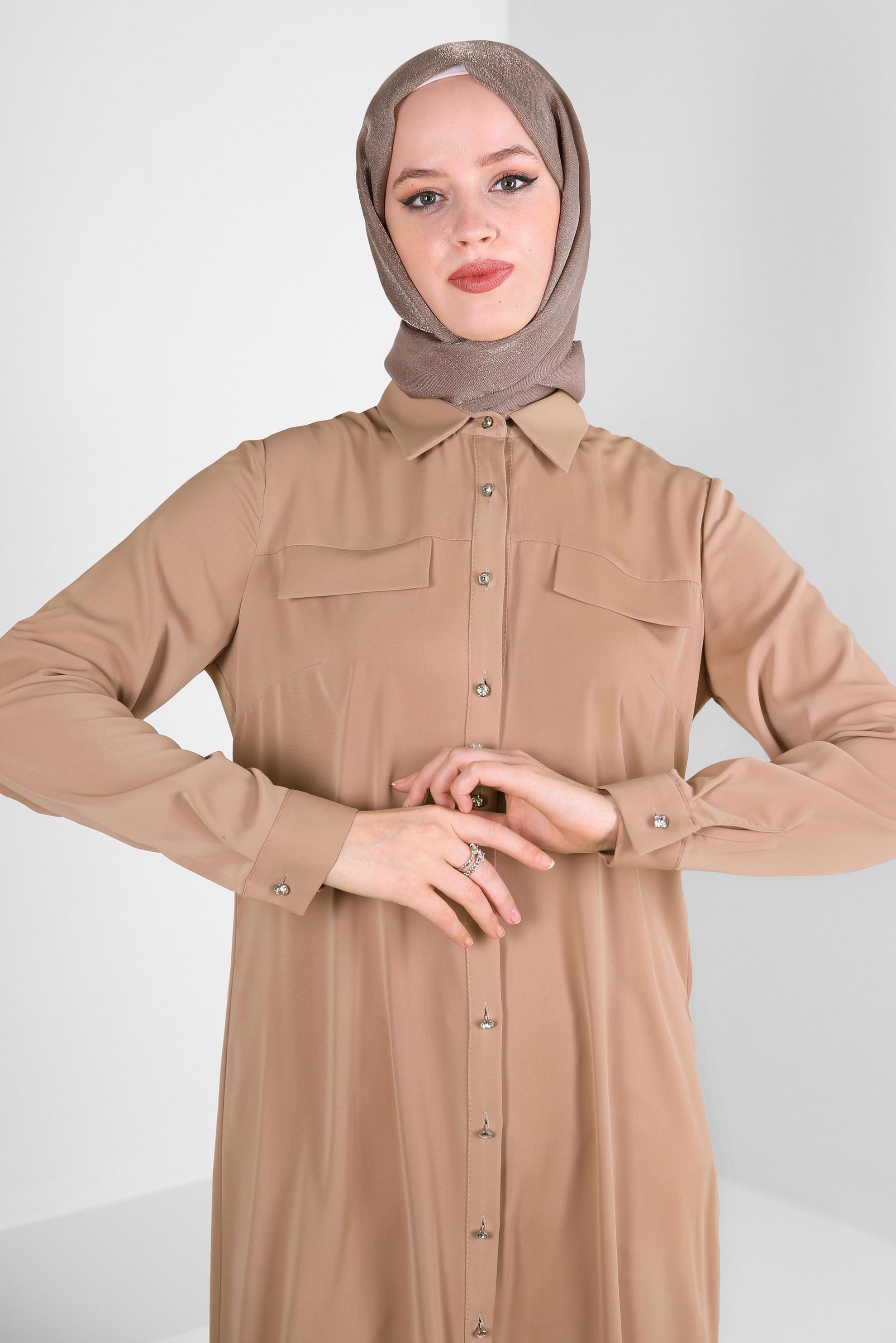 Tesettür giyim KAHVE GÖMLEK YAKA SIRT İŞLEMELİ TUNİK 43566 
