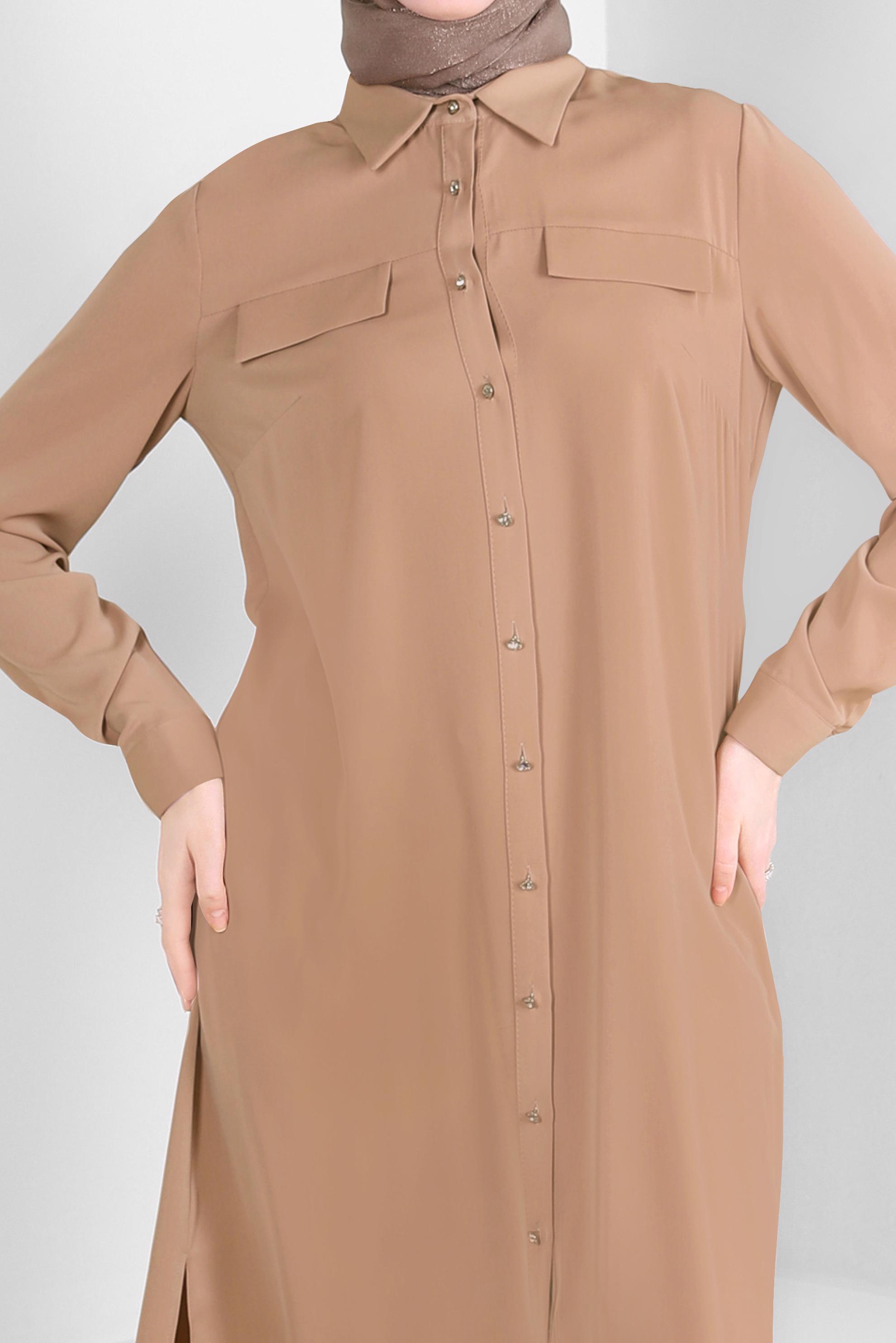 Tesettür giyim KAHVE GÖMLEK YAKA SIRT İŞLEMELİ TUNİK 43566 