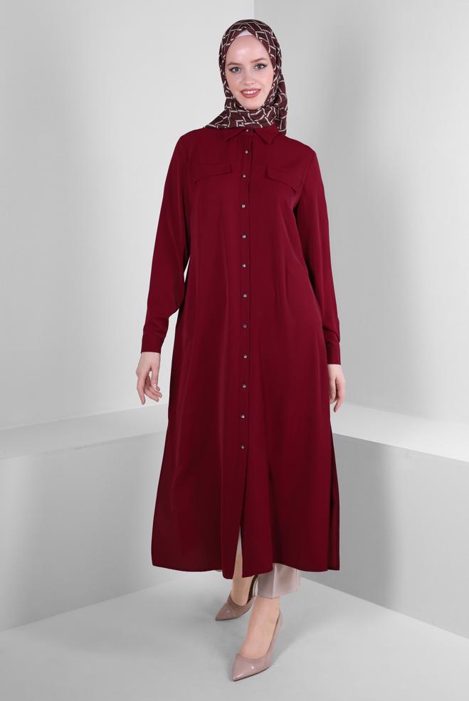 Vêtements hijab ROUGE TUNIQUE COL CHEMISE AVEC DOS BRODÉ 43566 - ALVİNA