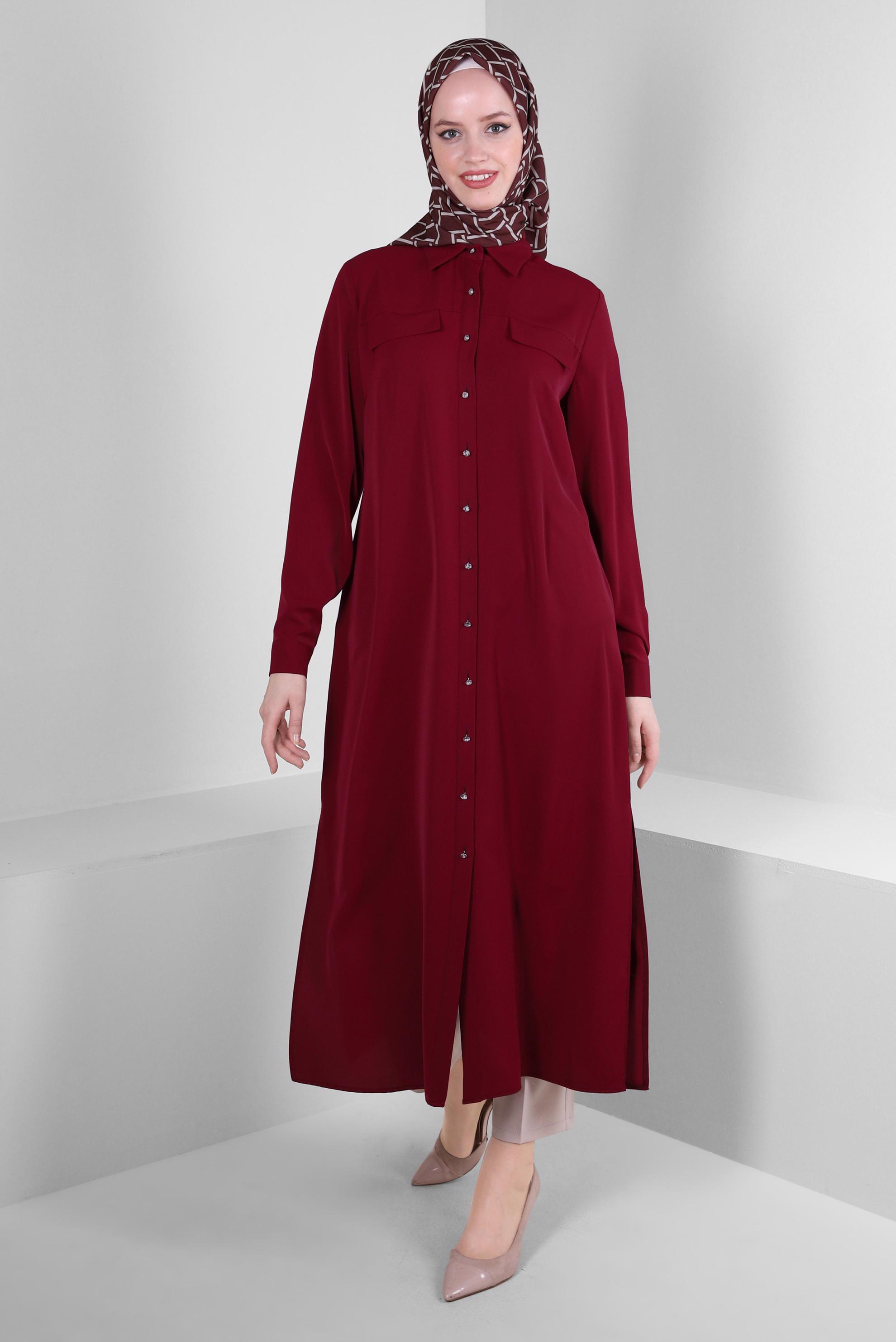 Vêtements hijab ROUGE TUNIQUE COL CHEMISE AVEC DOS BRODÉ 43566