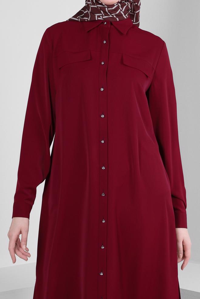 Vêtements hijab ROUGE TUNIQUE COL CHEMISE AVEC DOS BRODÉ 43566 - ALVİNA