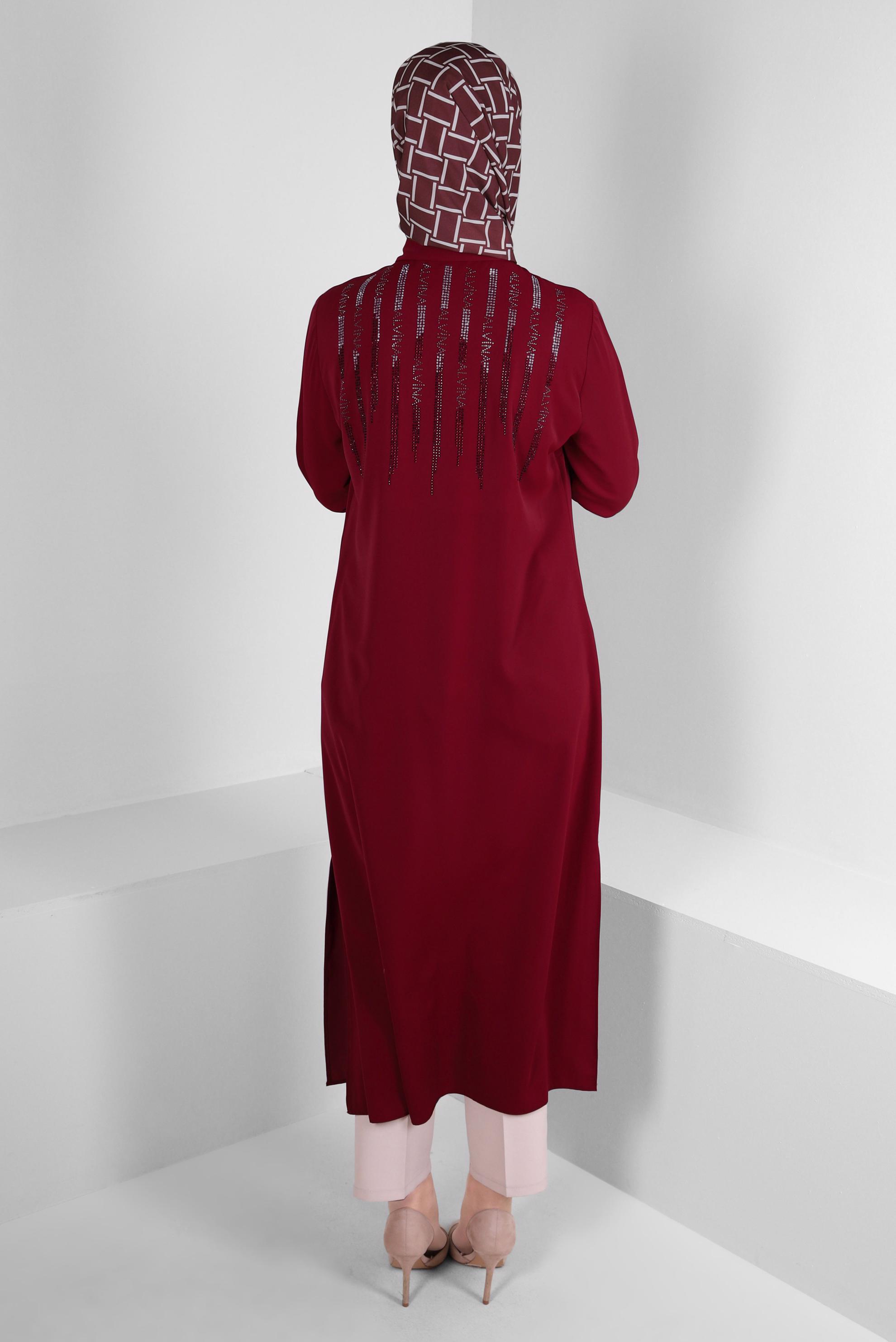 Vêtements hijab ROUGE TUNIQUE COL CHEMISE AVEC DOS BRODÉ 43566