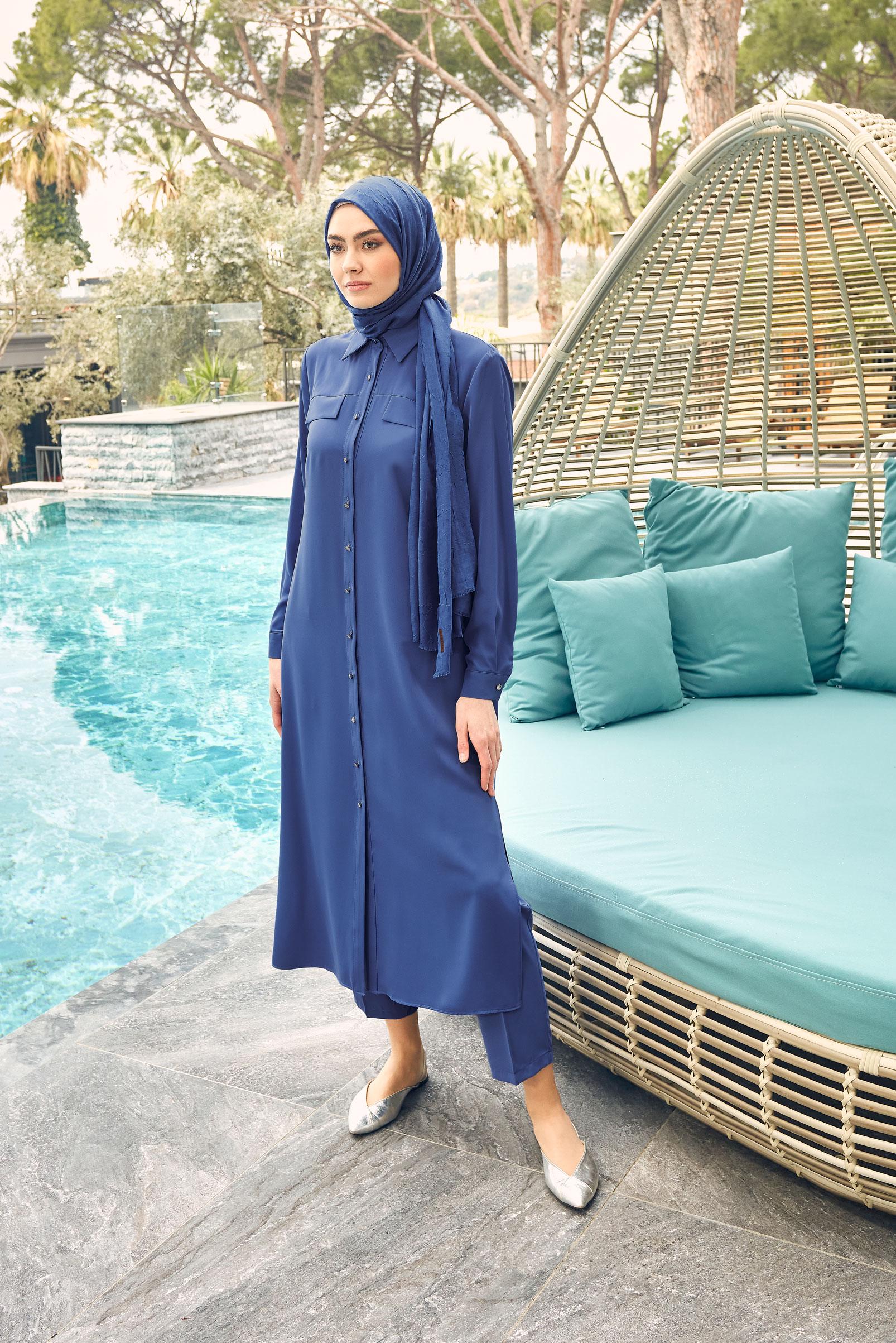 Tesettür giyim LACİVERT GÖMLEK YAKA SIRT İŞLEMELİ TUNİK 43566 