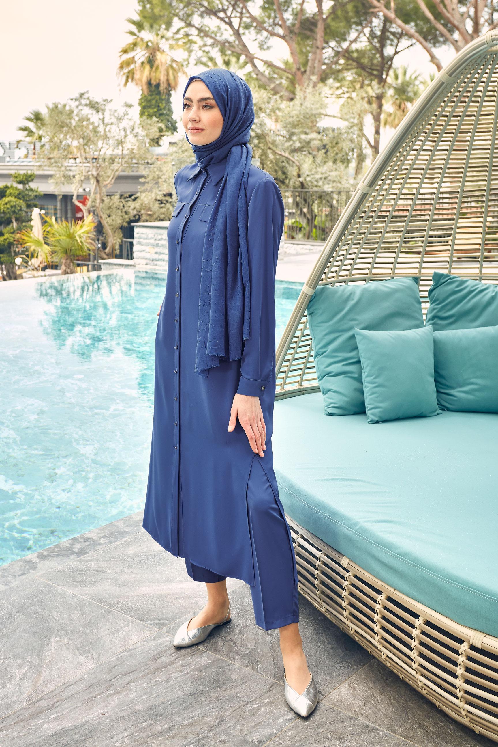 Tesettür giyim LACİVERT GÖMLEK YAKA SIRT İŞLEMELİ TUNİK 43566 