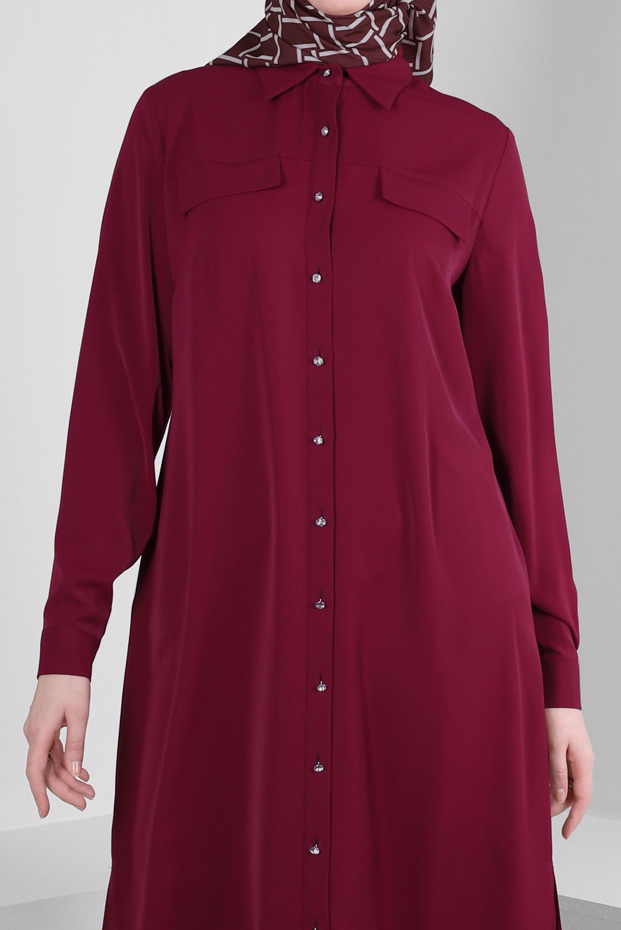 Tesettür giyim BORDO GÖMLEK YAKA SIRT İŞLEMELİ TUNİK 43566 