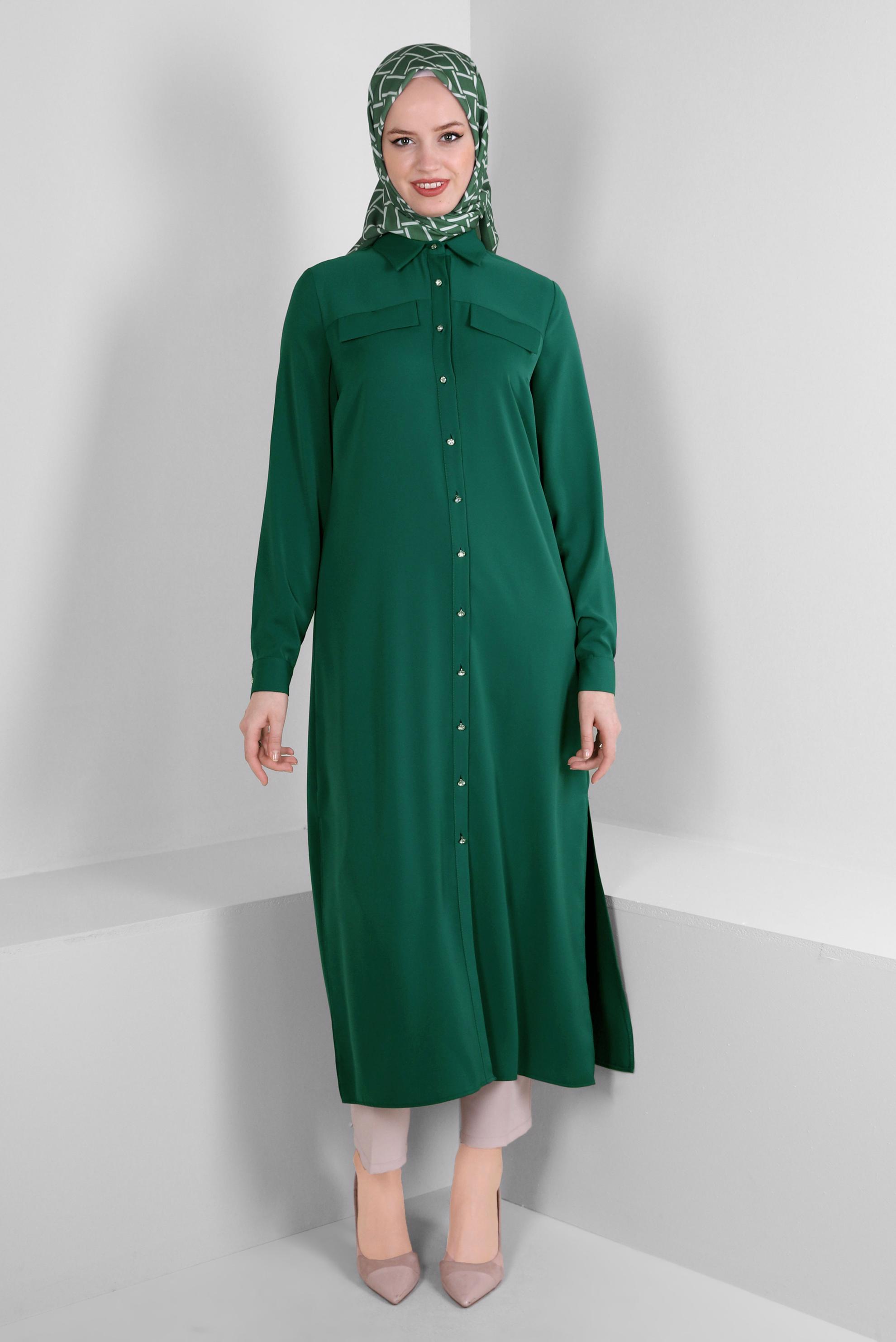 Tesettür giyim YEŞİL GÖMLEK YAKA SIRT İŞLEMELİ TUNİK 43566 