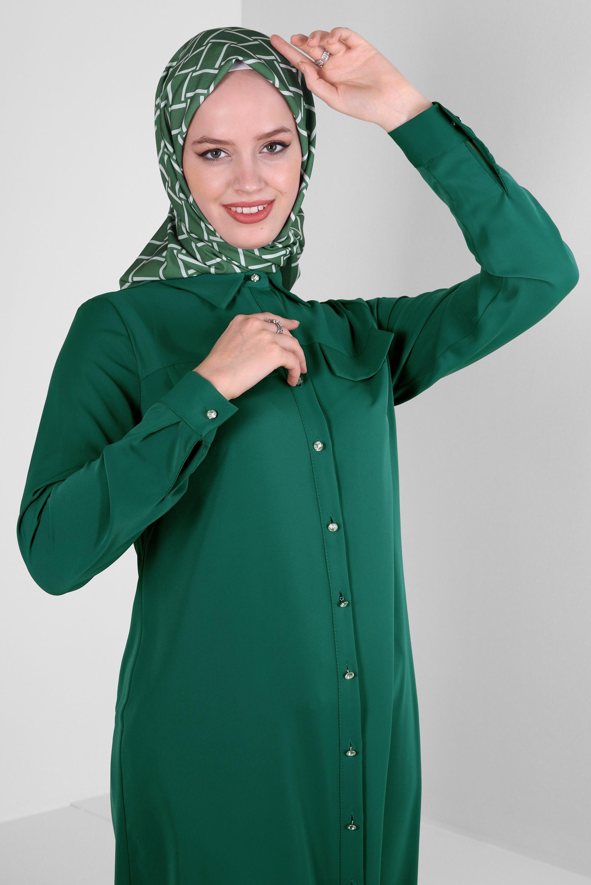 Tesettür giyim YEŞİL GÖMLEK YAKA SIRT İŞLEMELİ TUNİK 43566 
