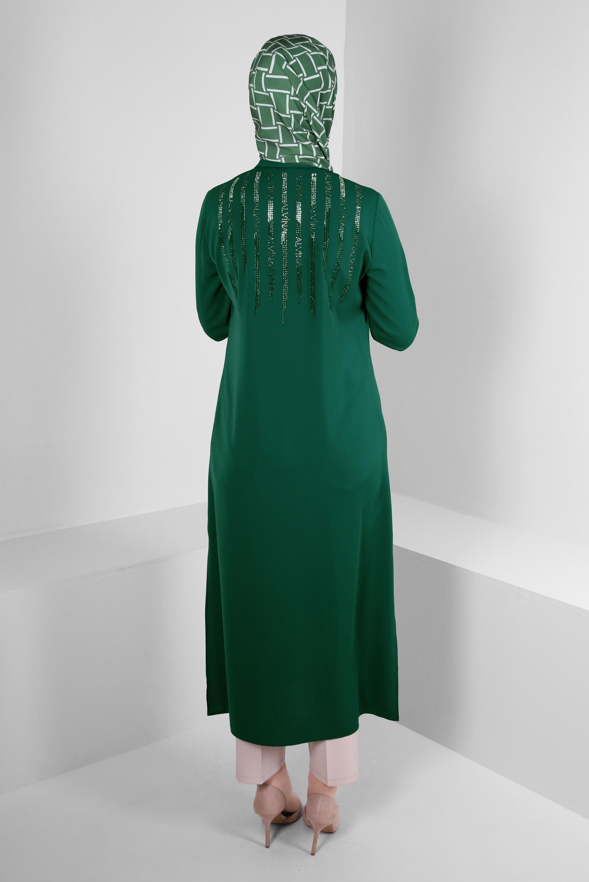 Tesettür giyim YEŞİL GÖMLEK YAKA SIRT İŞLEMELİ TUNİK 43566 