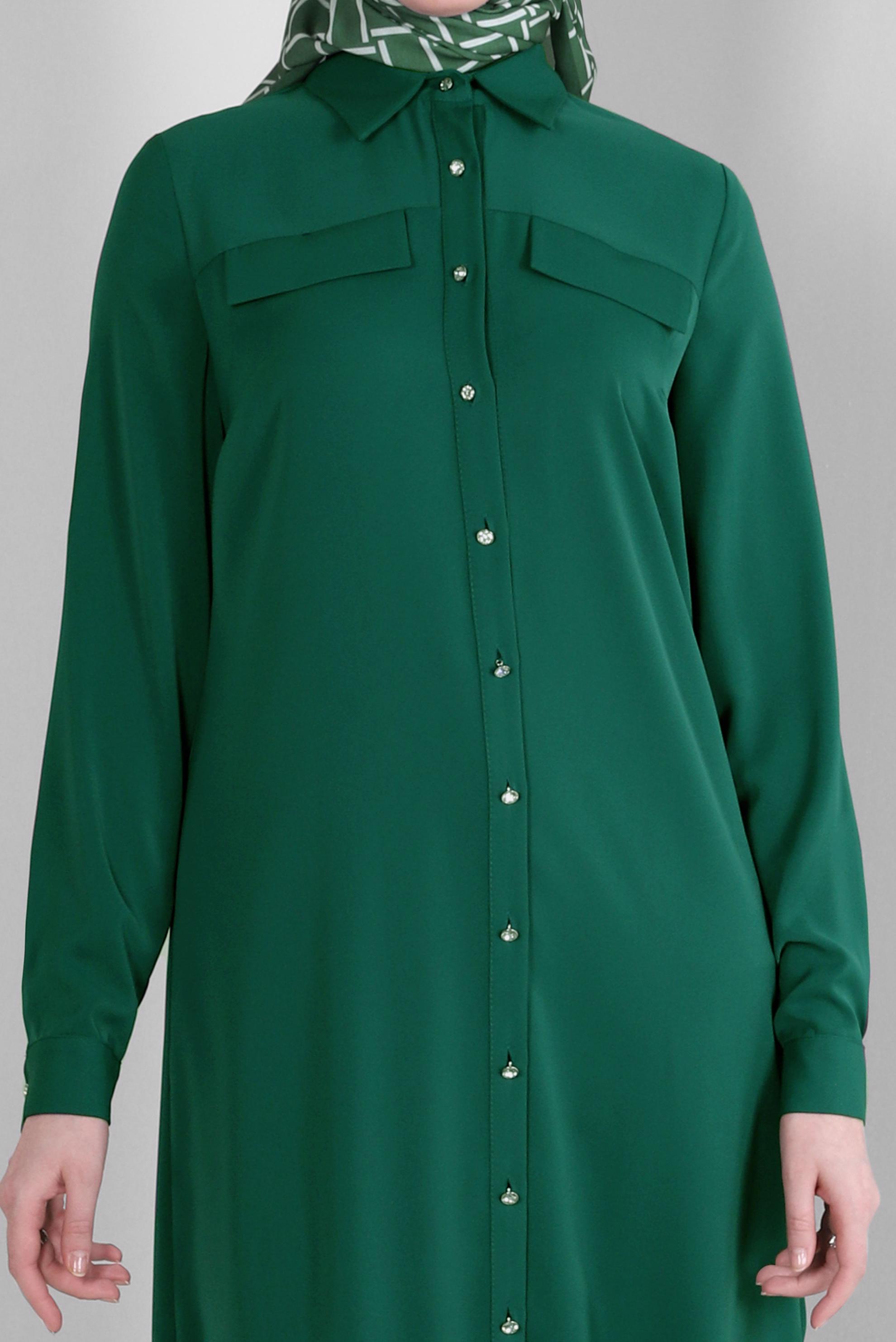 Tesettür giyim YEŞİL GÖMLEK YAKA SIRT İŞLEMELİ TUNİK 43566 