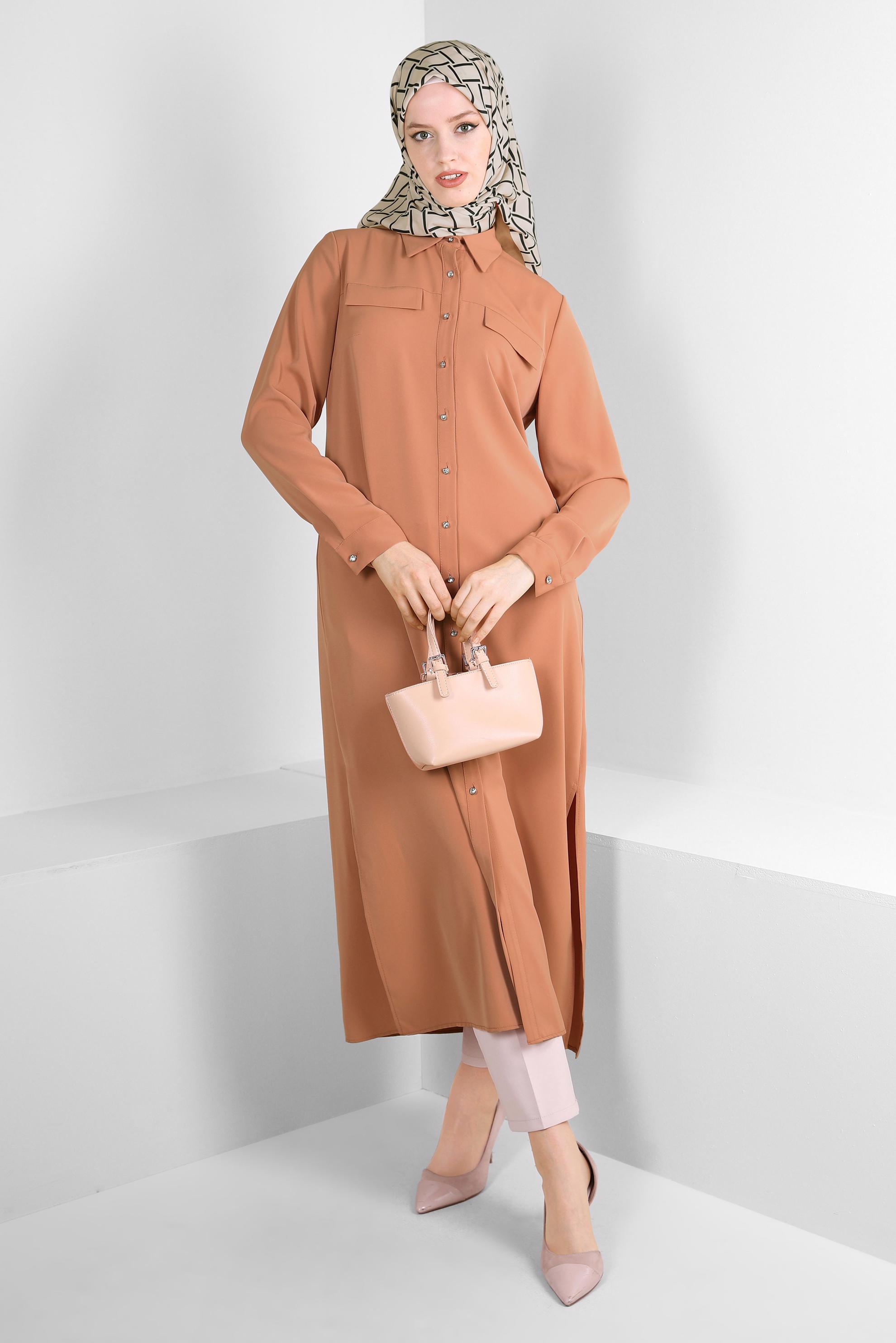 Tesettür giyim KAHVE GÖMLEK YAKA SIRT İŞLEMELİ TUNİK 43566 