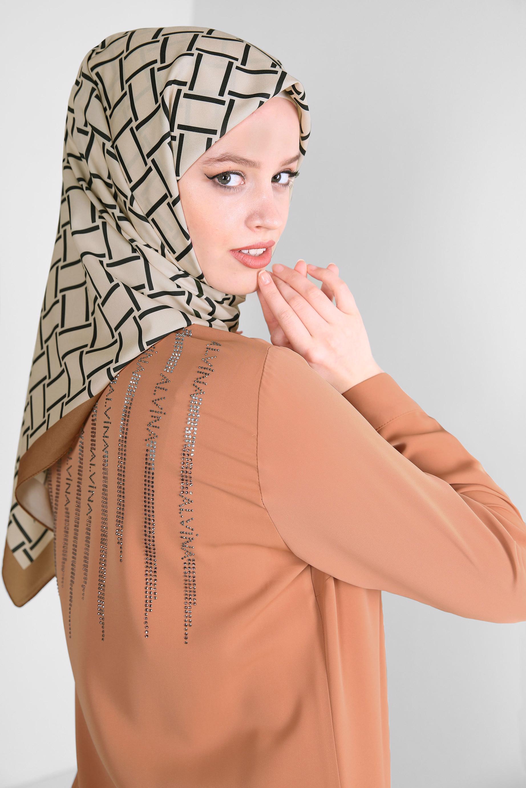 Tesettür giyim KAHVE GÖMLEK YAKA SIRT İŞLEMELİ TUNİK 43566 