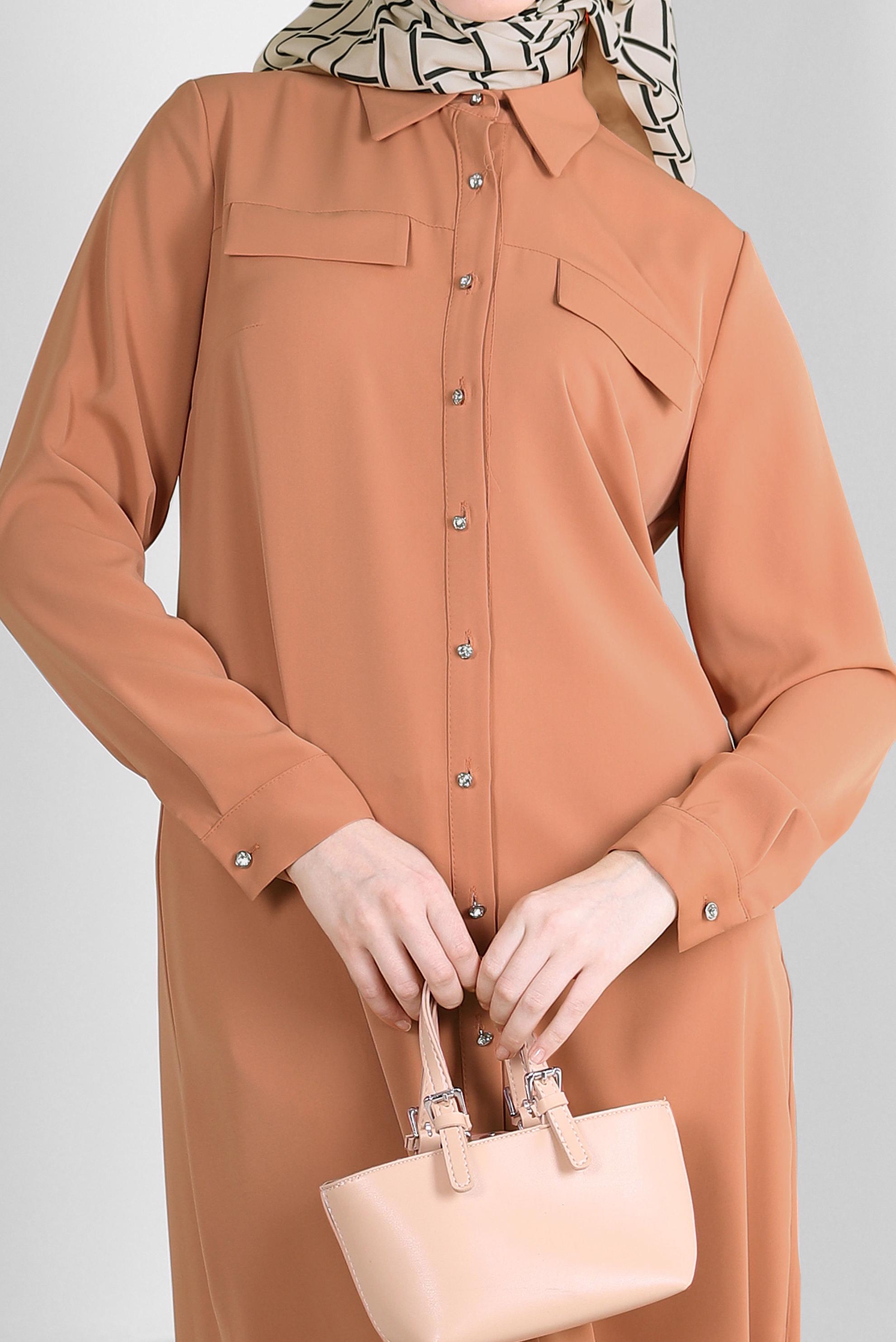 Tesettür giyim KAHVE GÖMLEK YAKA SIRT İŞLEMELİ TUNİK 43566 