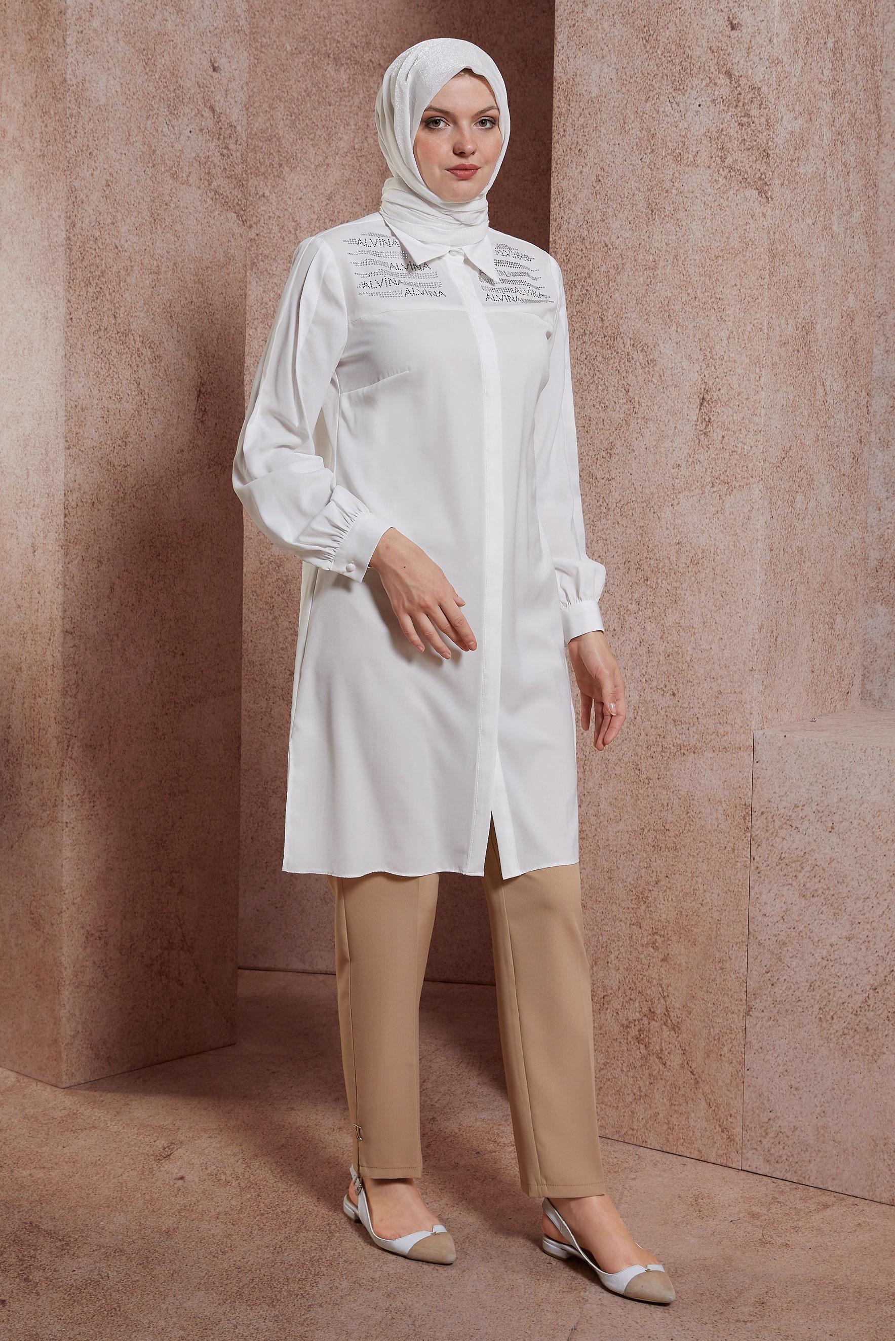 Tesettür giyim BEYAZ TAŞ BASKILI TUNİK 43567