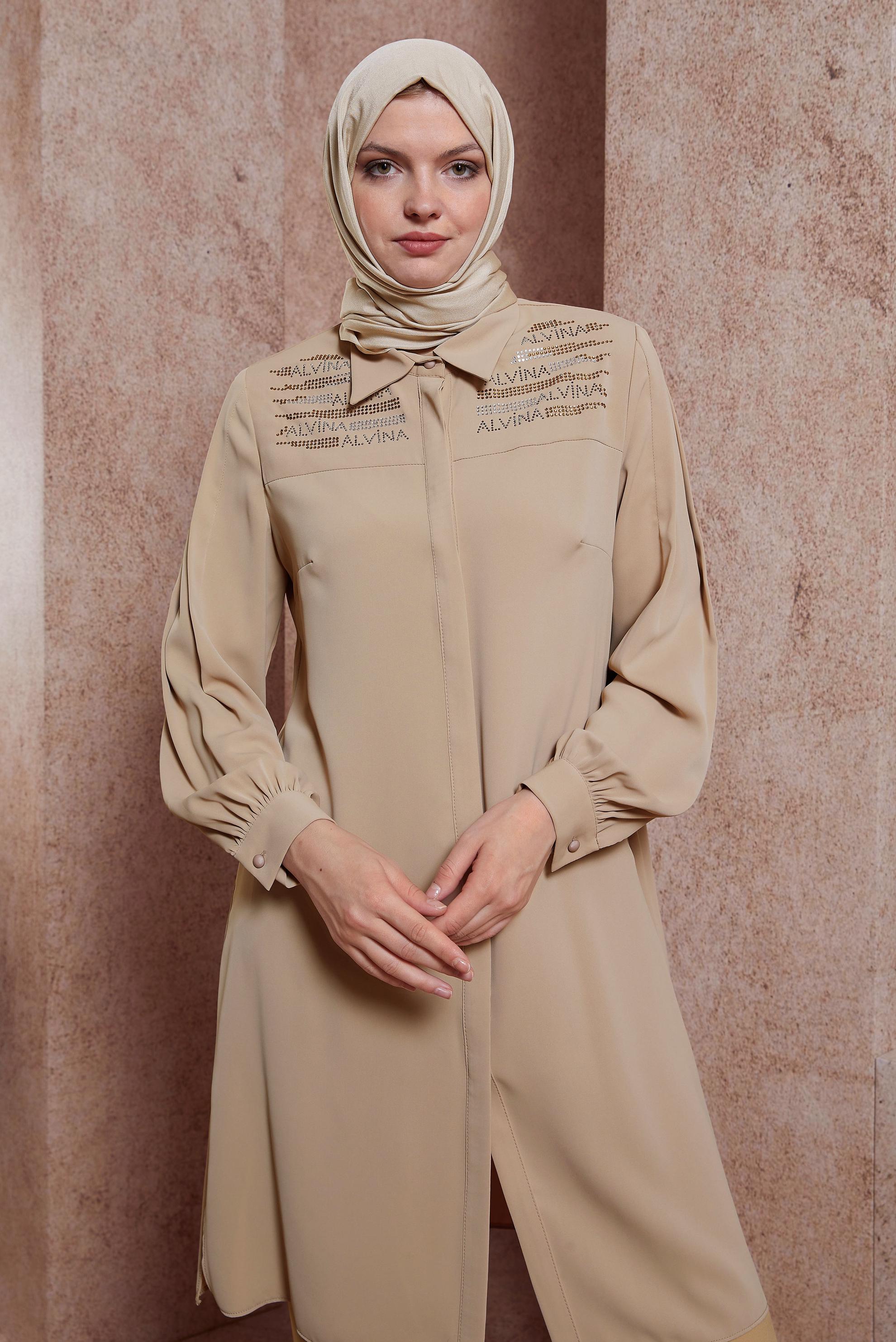 Tesettür giyim BEJ TAŞ BASKILI TUNİK 43567