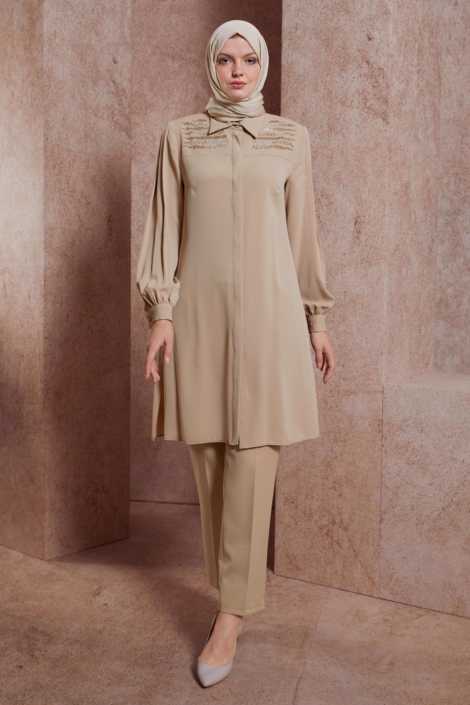 Tesettür giyim BEJ TAŞ BASKILI TUNİK 43567