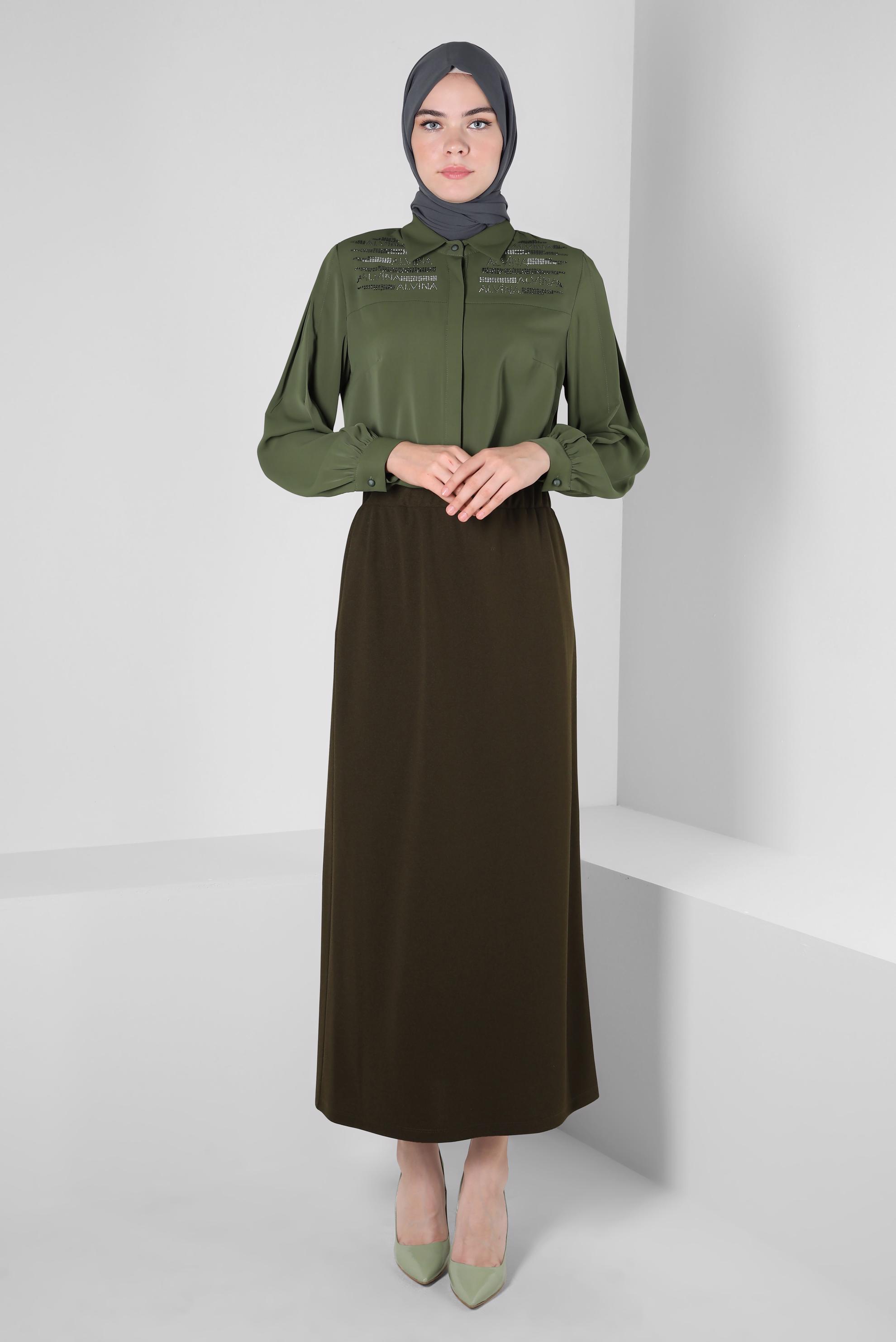 Vêtements hijab KAKI TUNIQUE AVEC GEMME BRODÉE 43567