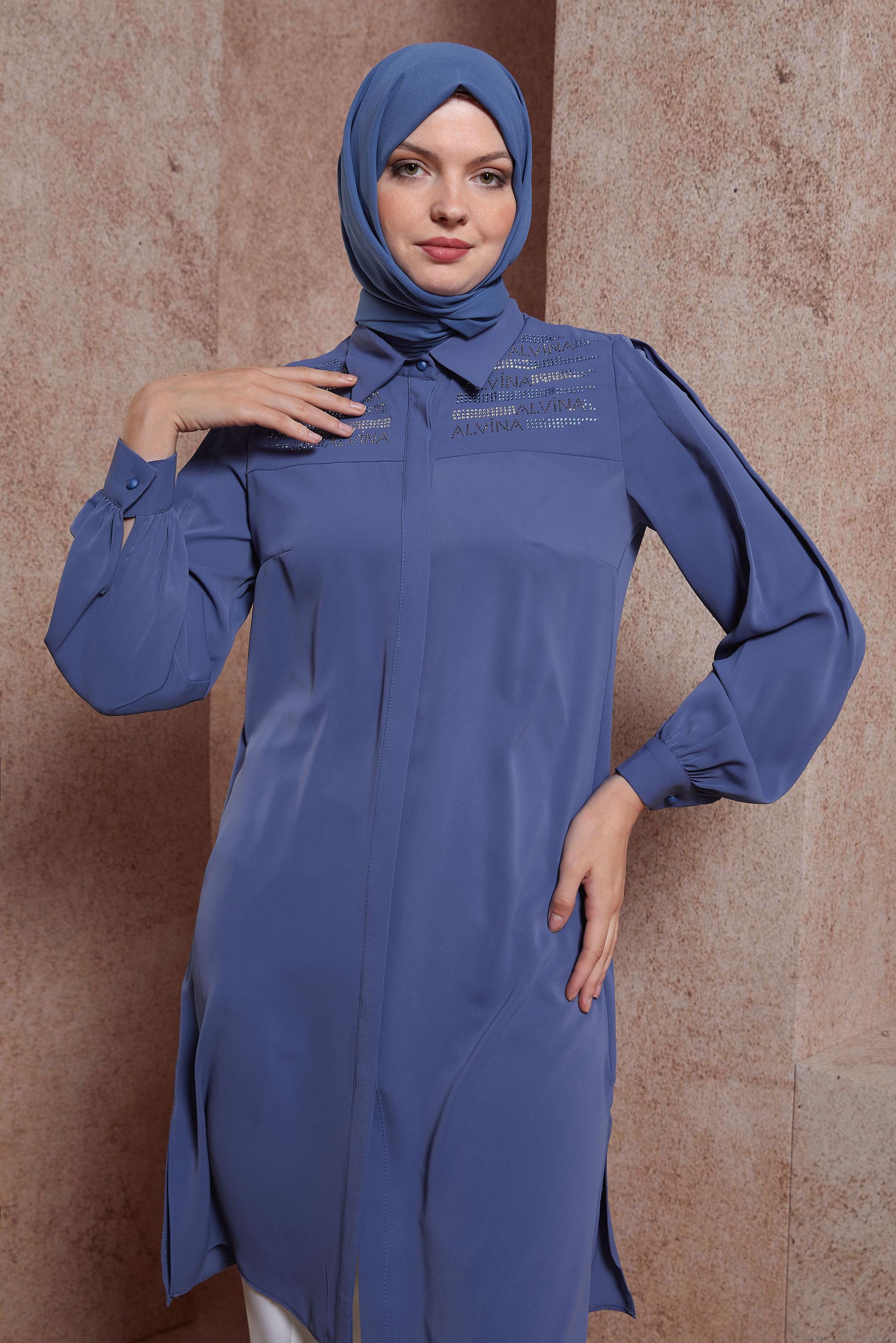 Tesettür giyim LACİVERT TAŞ BASKILI TUNİK 43567