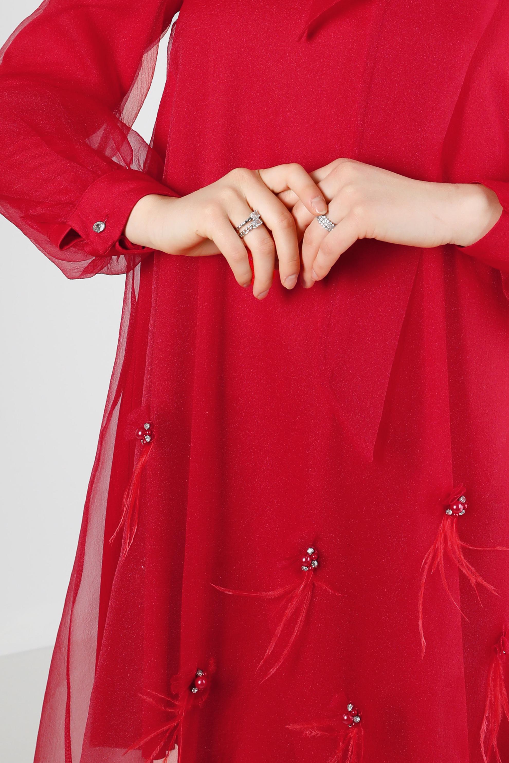 Tesettür giyim KIRMIZI YAKASI BAĞLAMALI AKSESUAR DETAYLI TUNİK 43577	