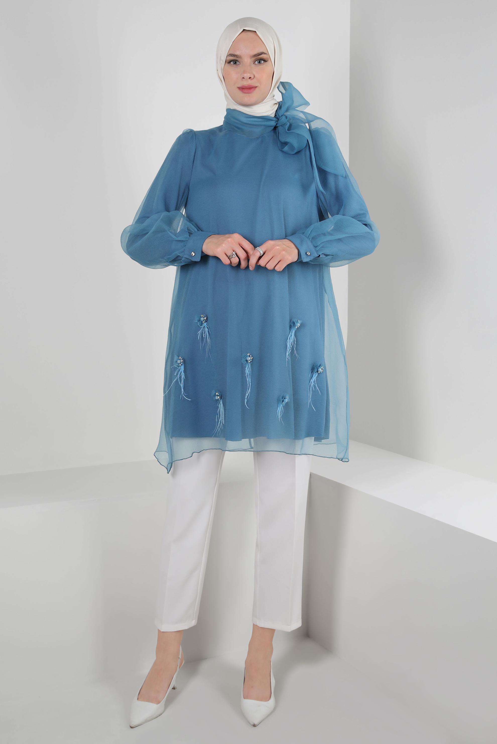 Tesettür giyim LACİVERT YAKASI BAĞLAMALI AKSESUAR DETAYLI TUNİK 43577	