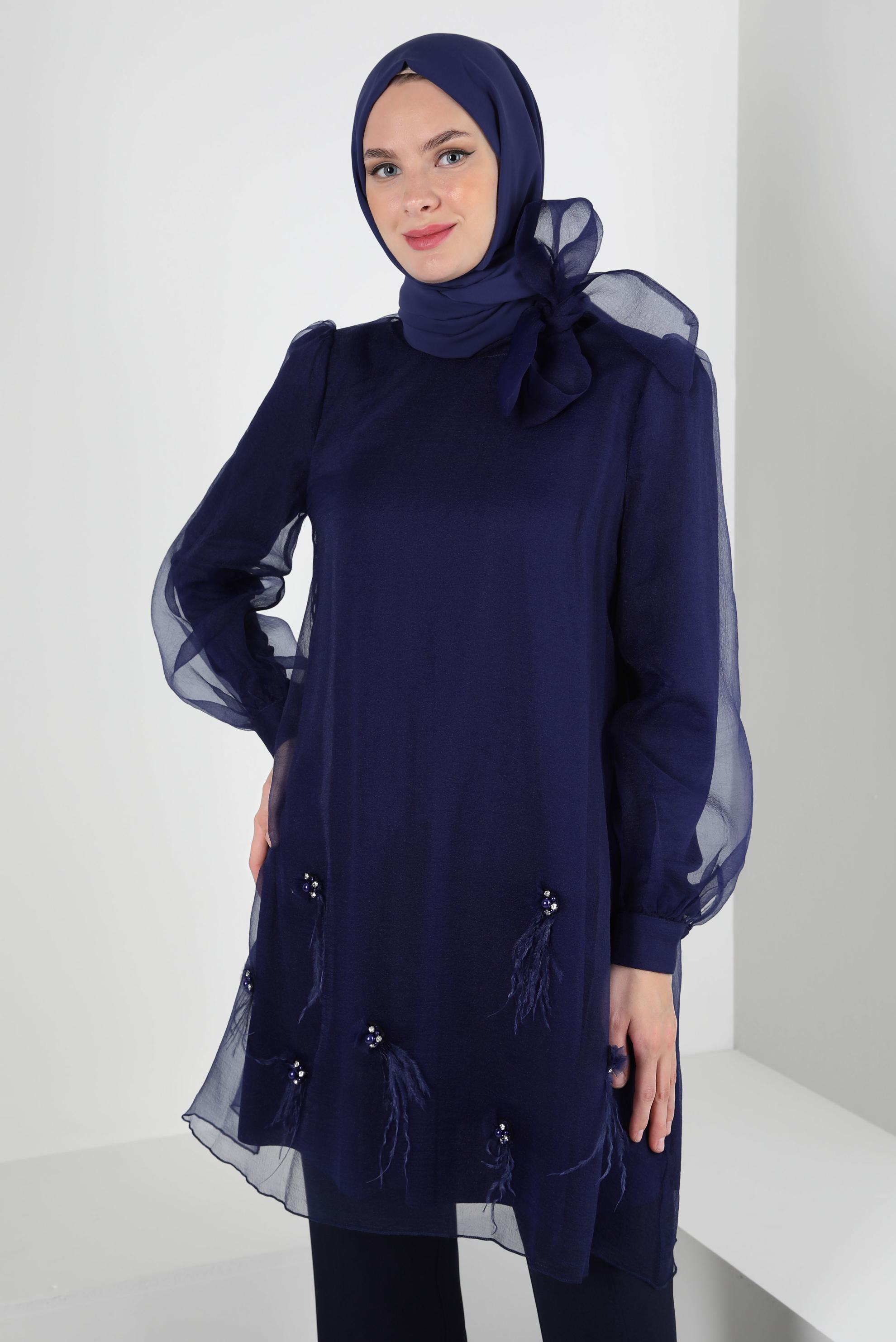 Tesettür giyim LACİVERT YAKASI BAĞLAMALI AKSESUAR DETAYLI TUNİK 43577	