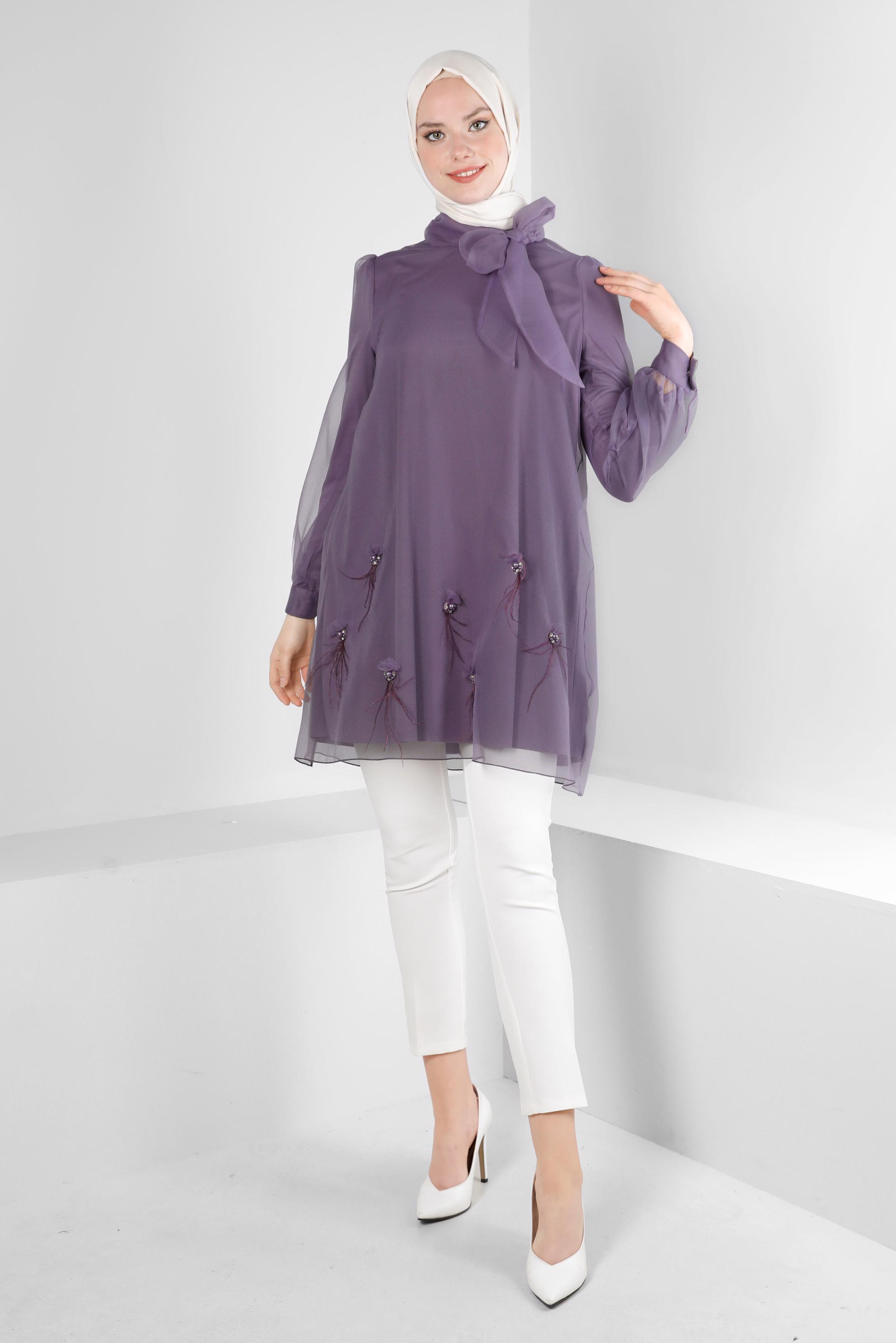 Vêtements hijab POURPRE TUNIQUE COL NOUÉ AVEC ACCESSOIRES 43577	