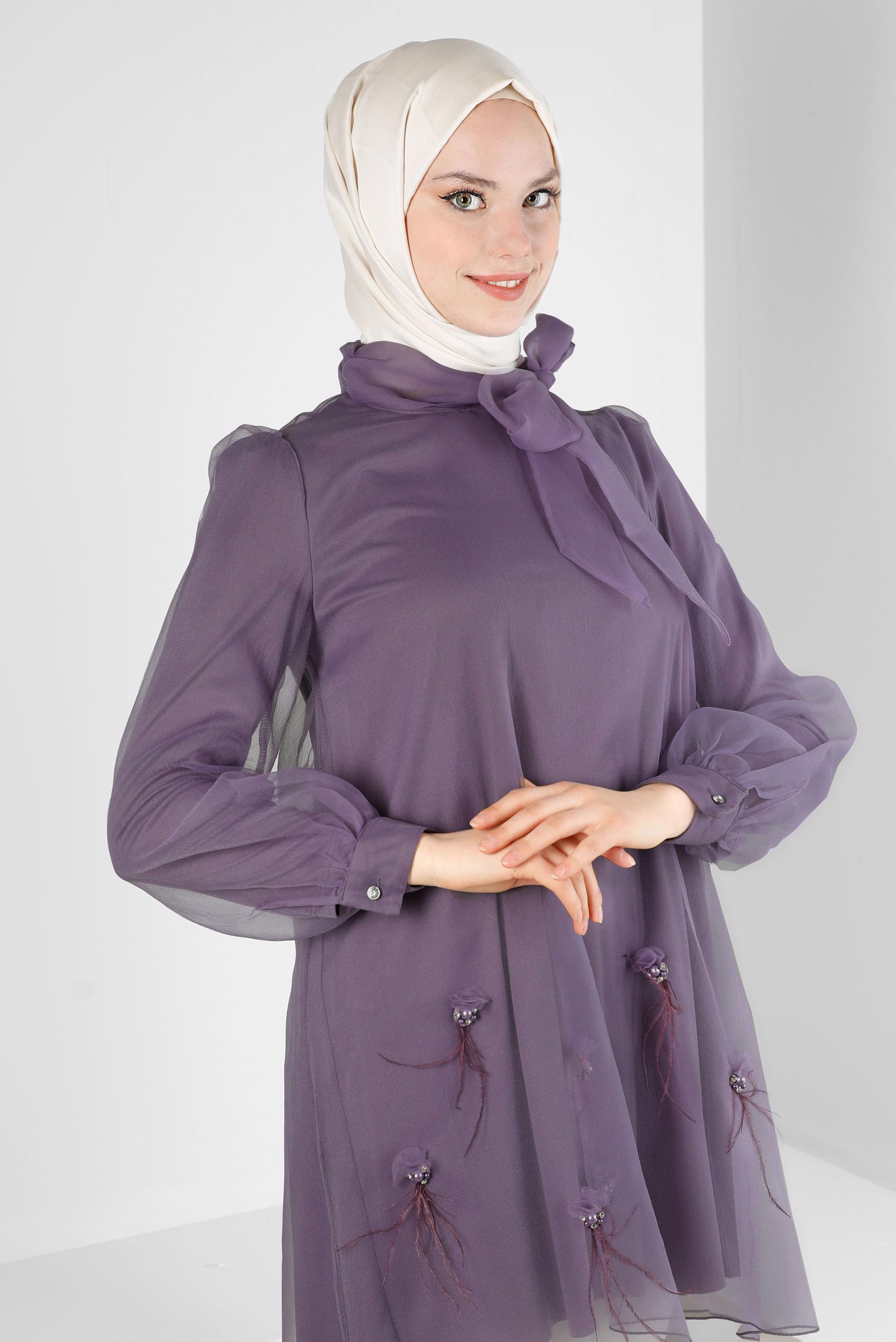 Vêtements hijab POURPRE TUNIQUE COL NOUÉ AVEC ACCESSOIRES 43577	