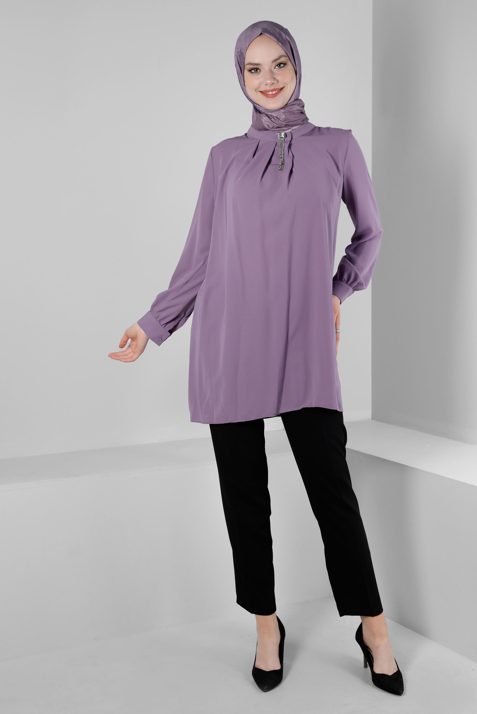 Tesettür giyim MOR TAŞ DETAYLI PİLİSELİ TUNİK 43586