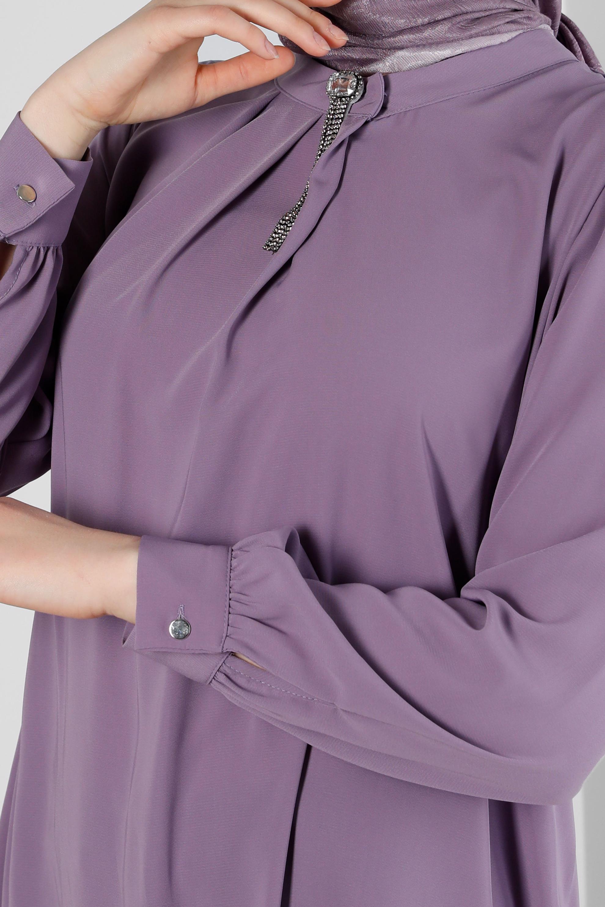Tesettür giyim MOR TAŞ DETAYLI PİLİSELİ TUNİK 43586