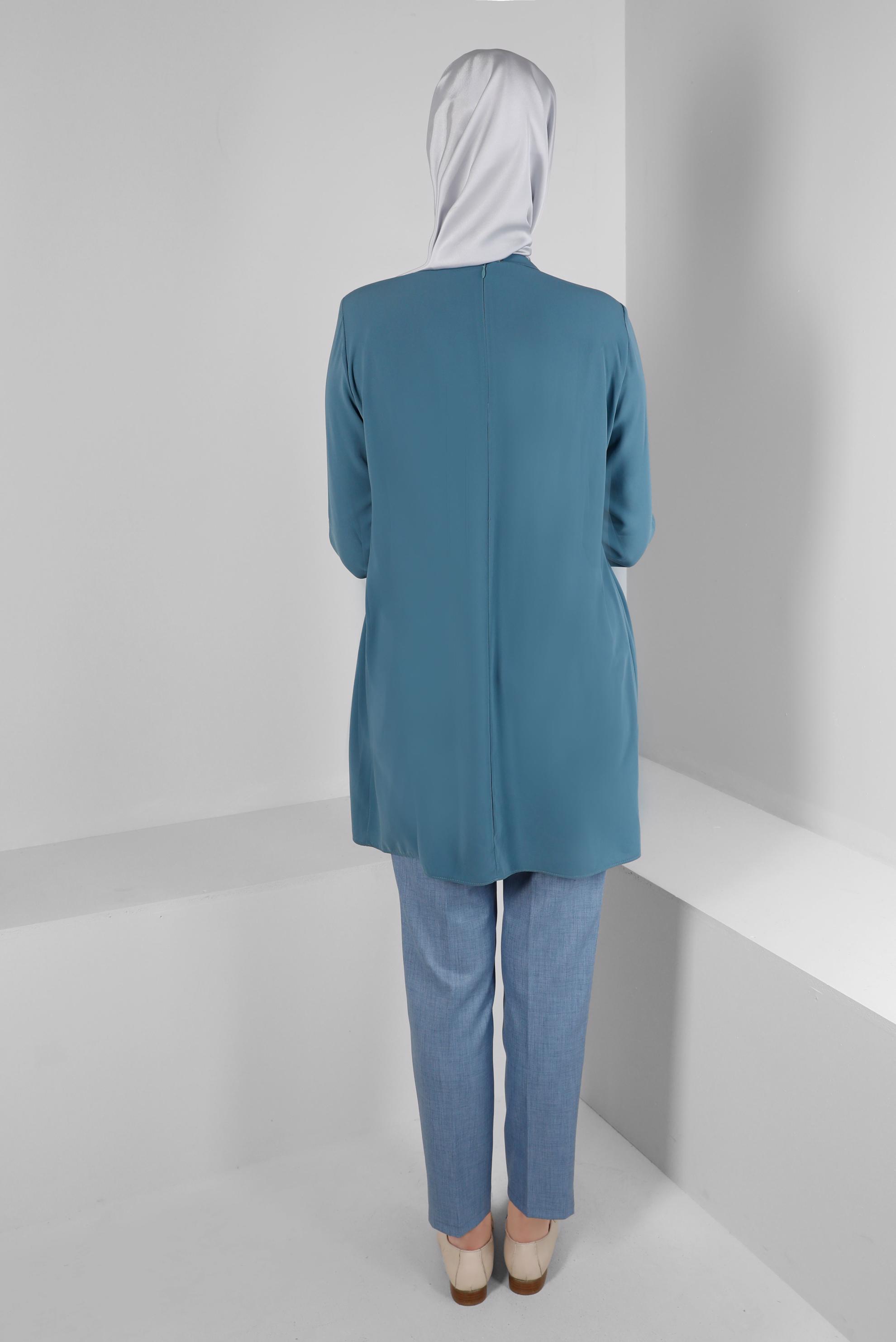 Tesettür giyim YEŞİL TAŞ DETAYLI PİLİSELİ TUNİK 43586