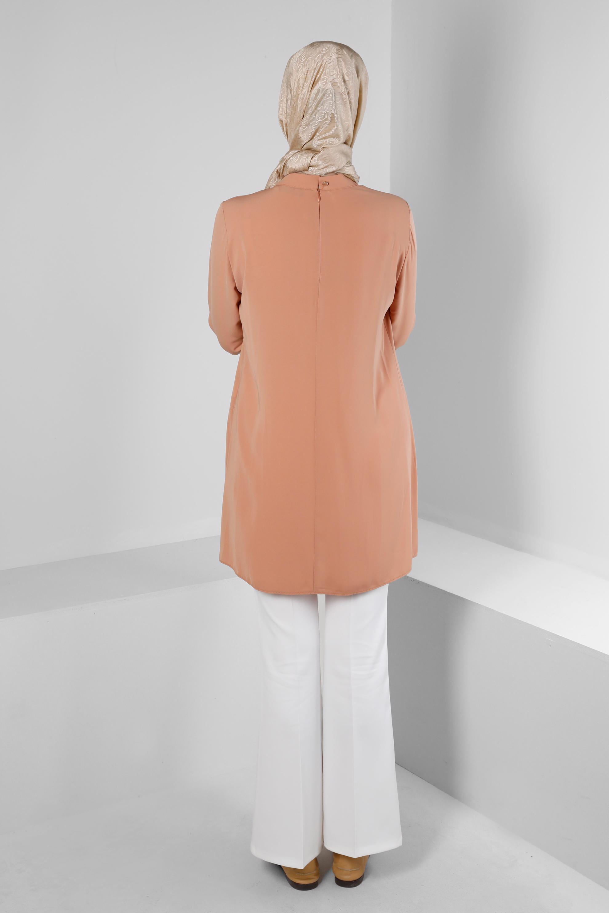 Tesettür giyim KAHVE TAŞ DETAYLI PİLİSELİ TUNİK 43586