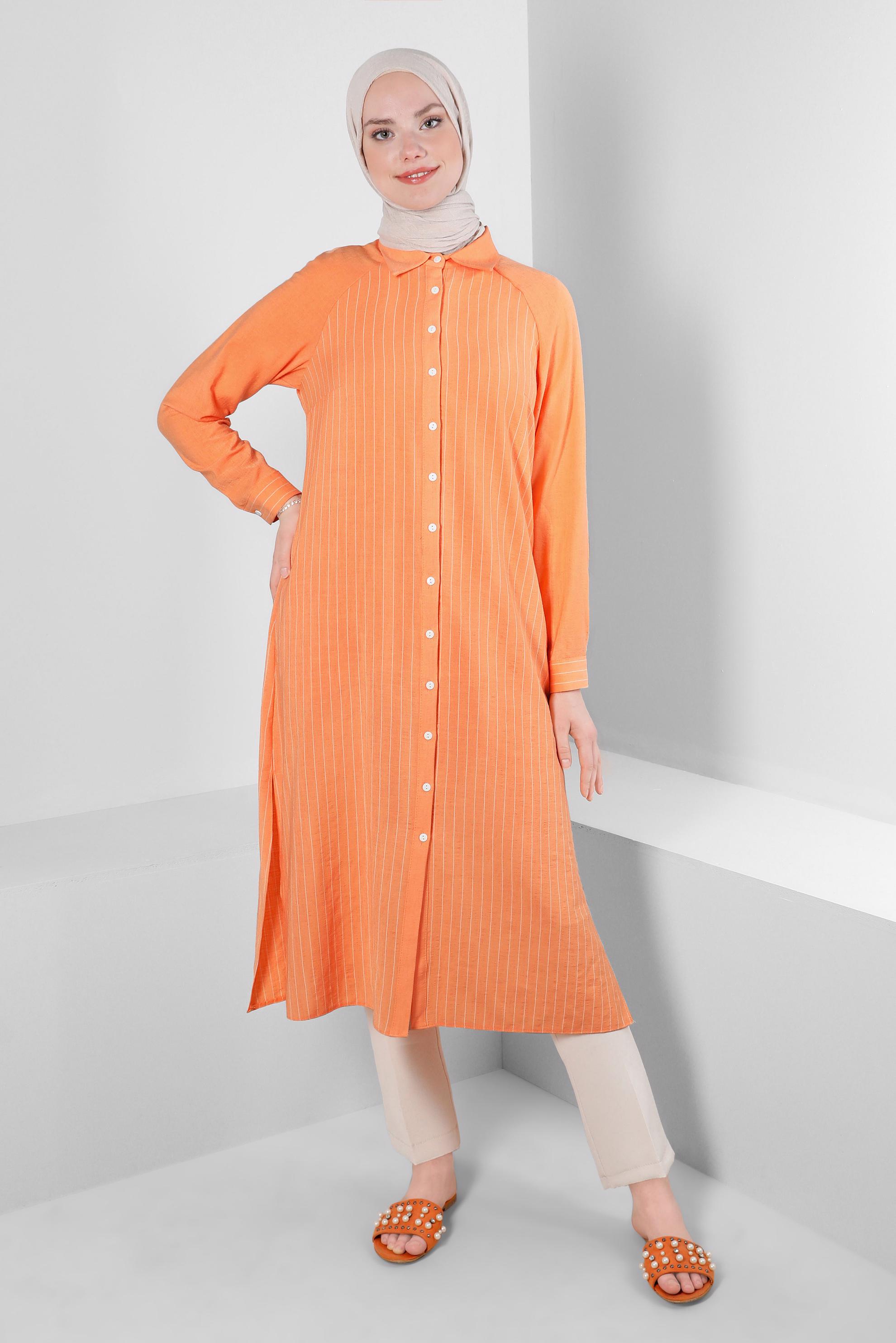 Tesettür giyim TURUNCU ÇİZGİLİ YANI YIRTMAÇLI DÜĞMELİ TUNİK 43603