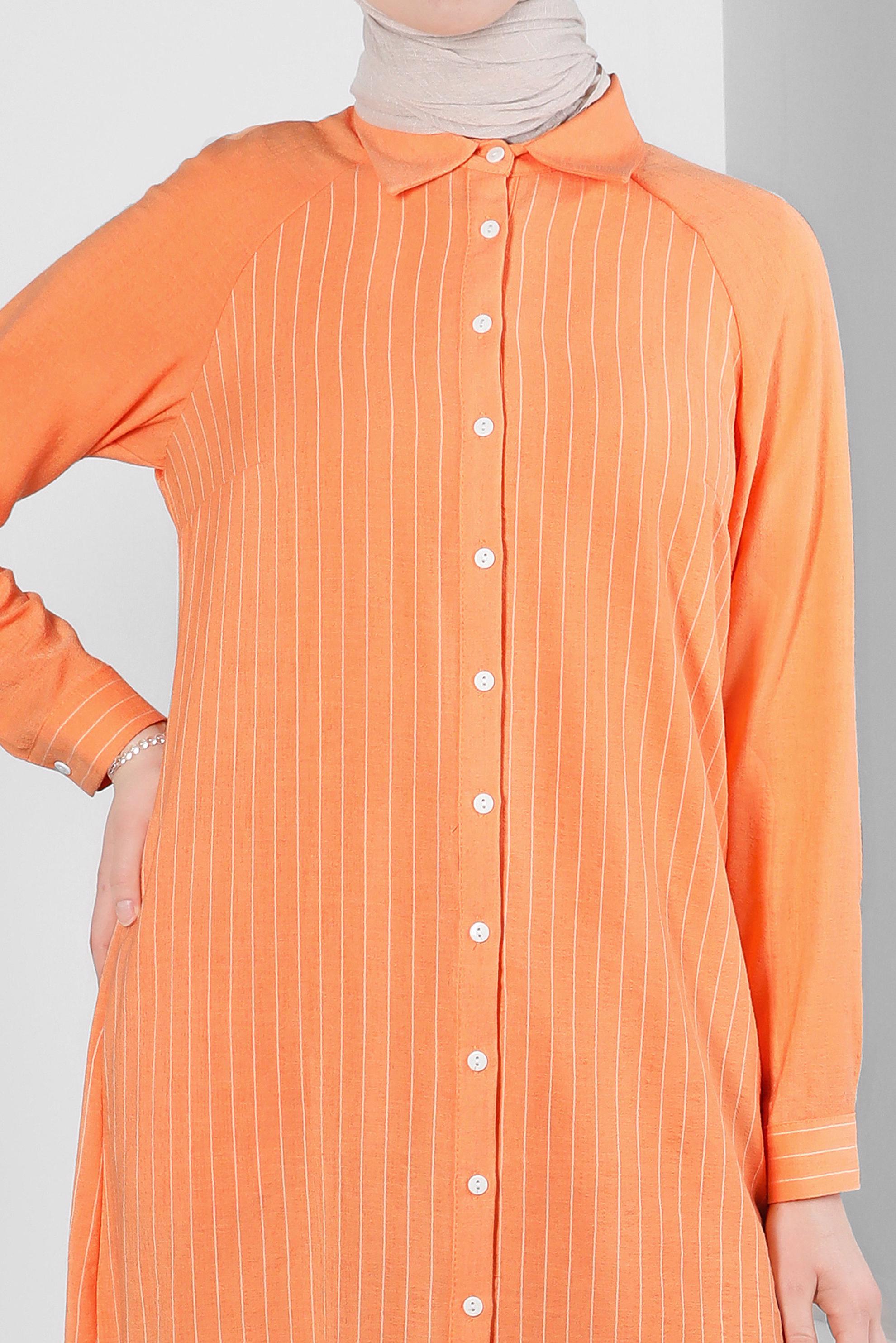 Tesettür giyim TURUNCU ÇİZGİLİ YANI YIRTMAÇLI DÜĞMELİ TUNİK 43603