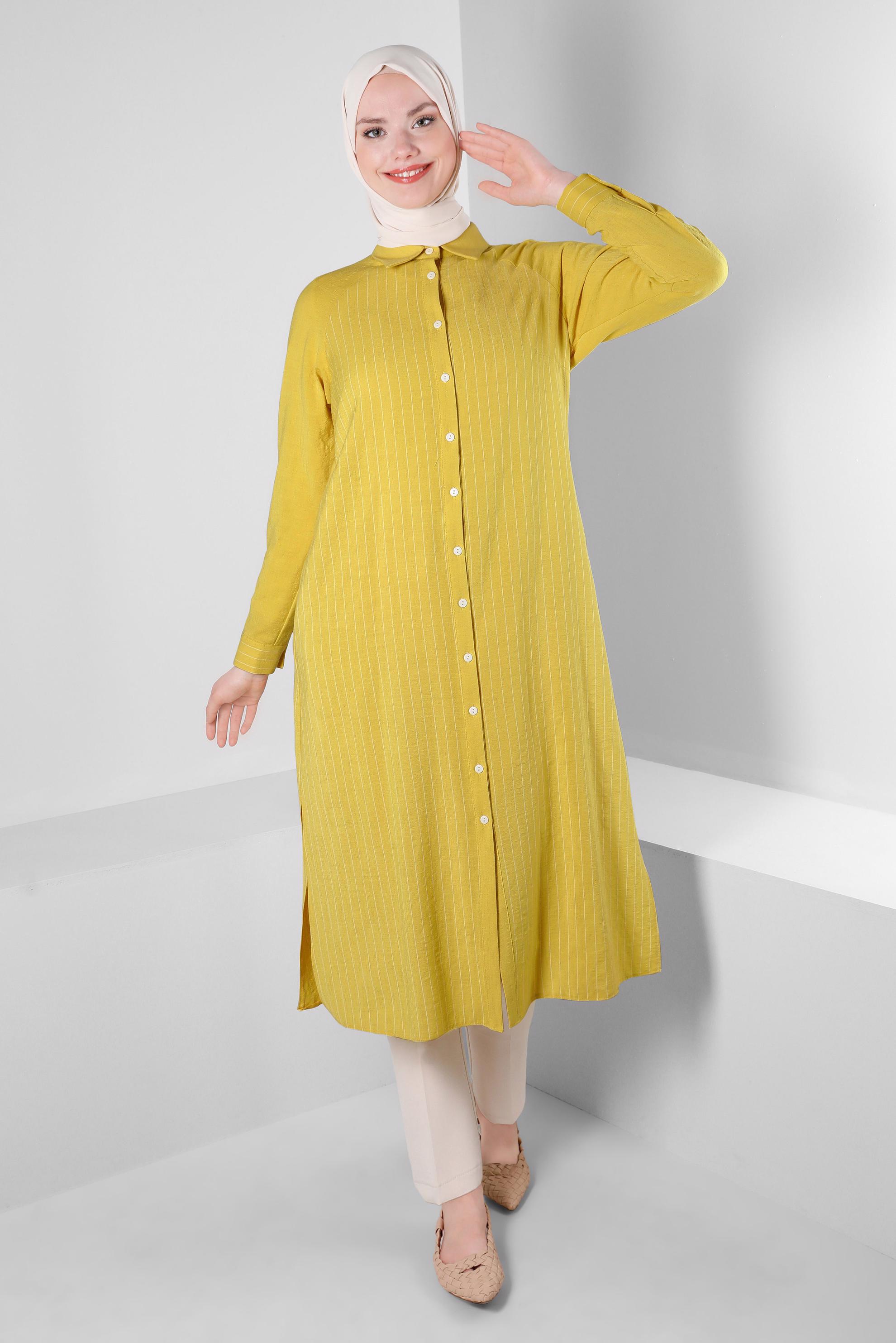 Tesettür giyim YEŞİL ÇİZGİLİ YANI YIRTMAÇLI DÜĞMELİ TUNİK 43603