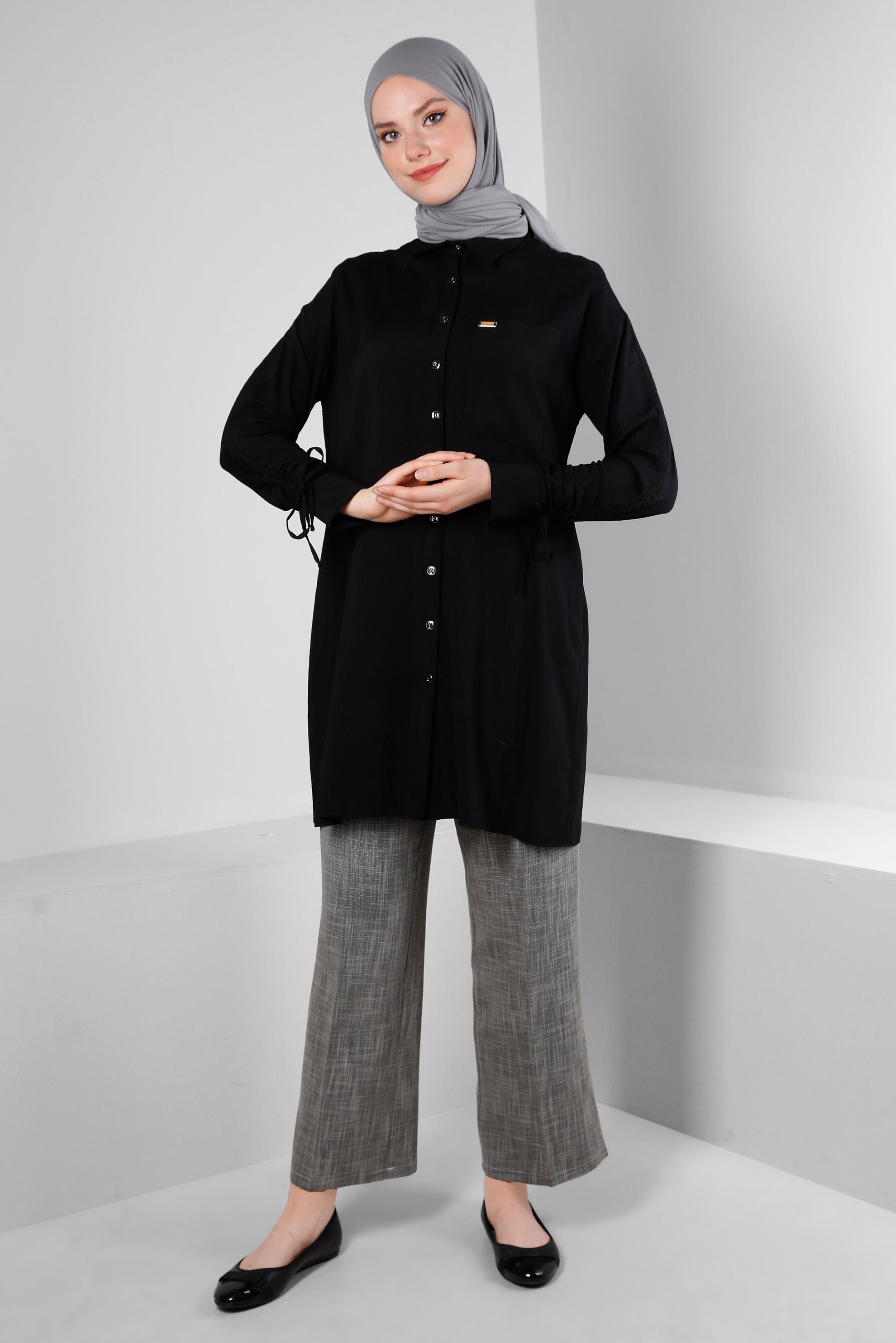Tesettür giyim SİYAH KOLU BÜZGÜLÜ GÖMLEK TUNİK 43604