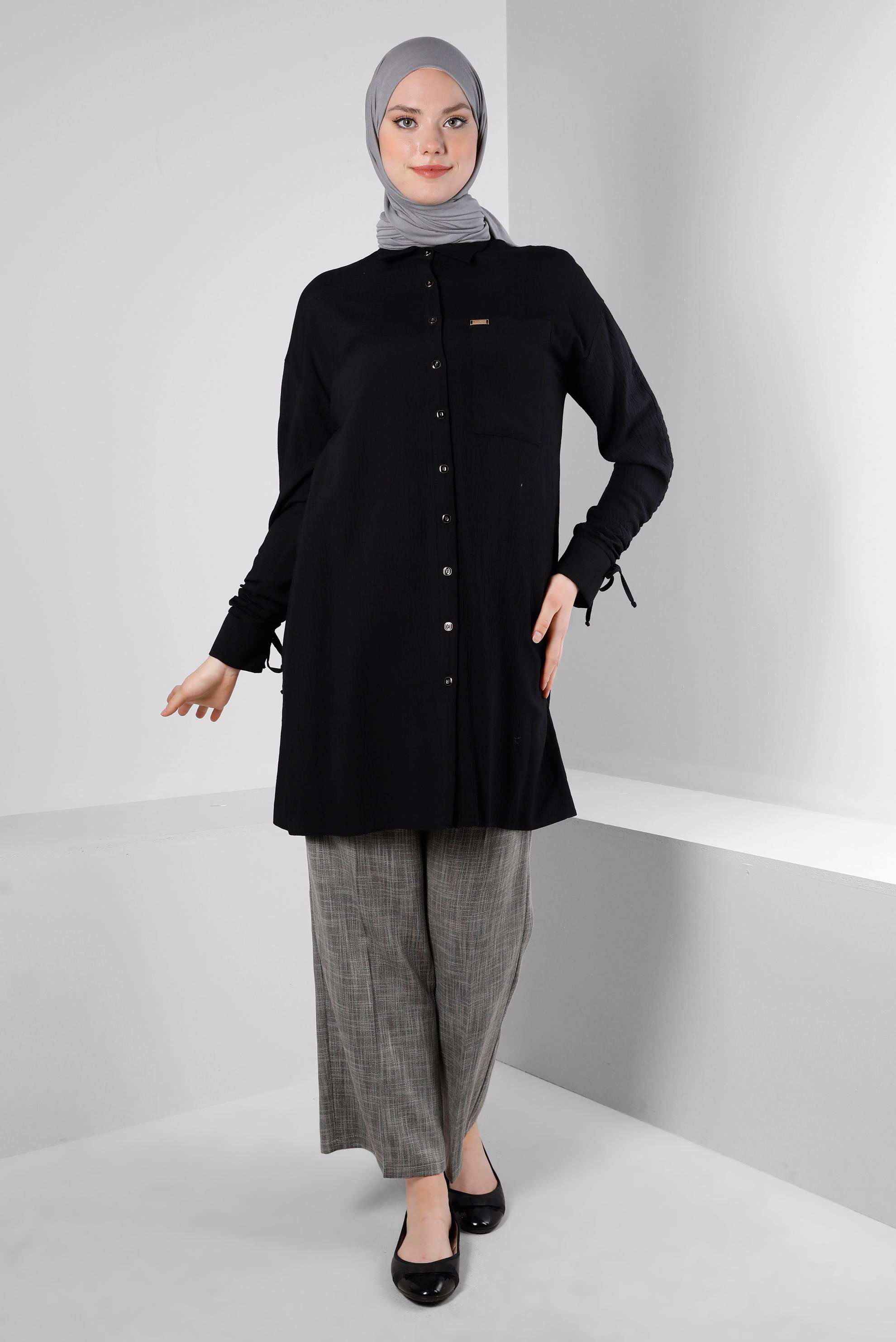 Tesettür giyim SİYAH KOLU BÜZGÜLÜ GÖMLEK TUNİK 43604
