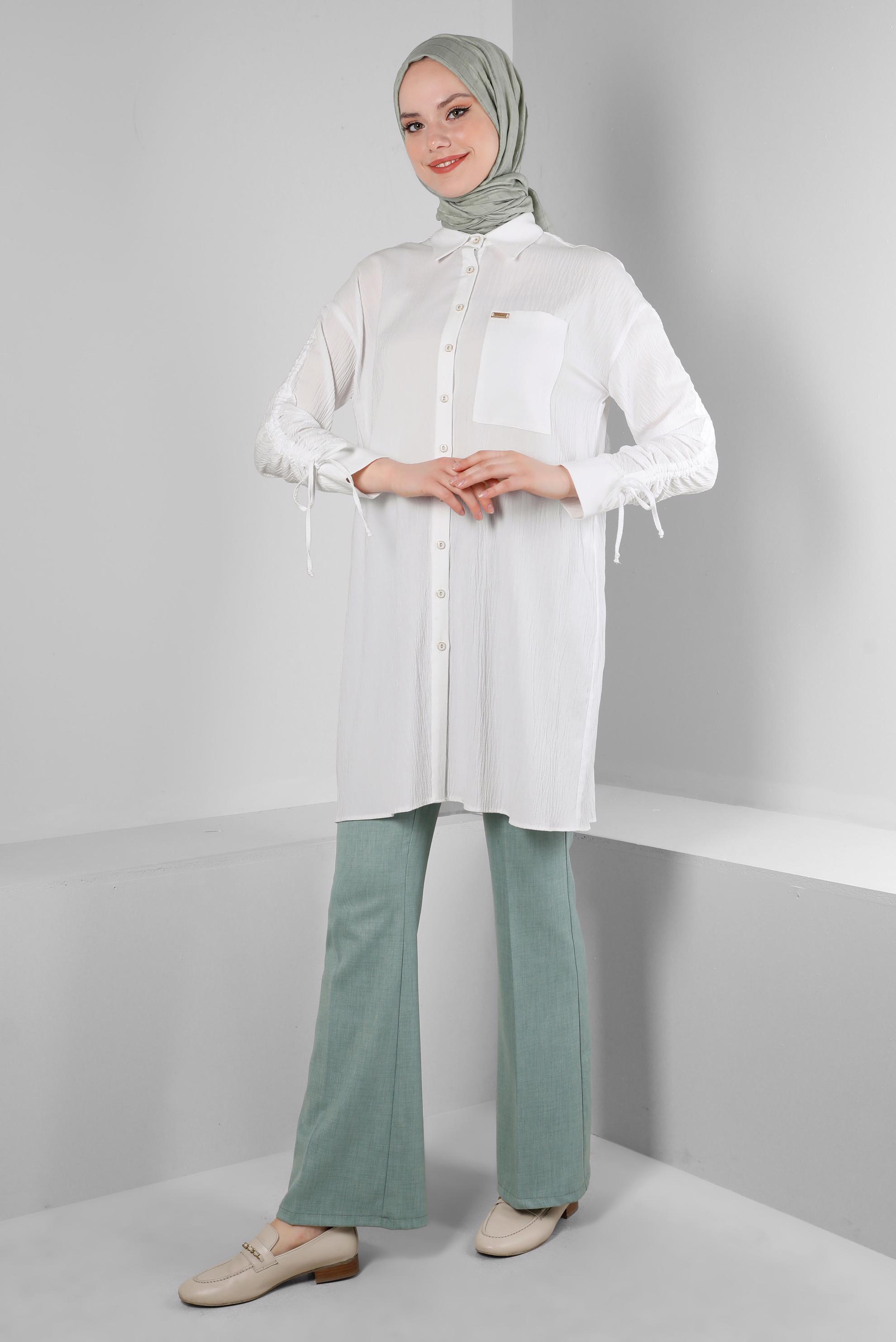 Tesettür giyim BEYAZ KOLU BÜZGÜLÜ GÖMLEK TUNİK 43604