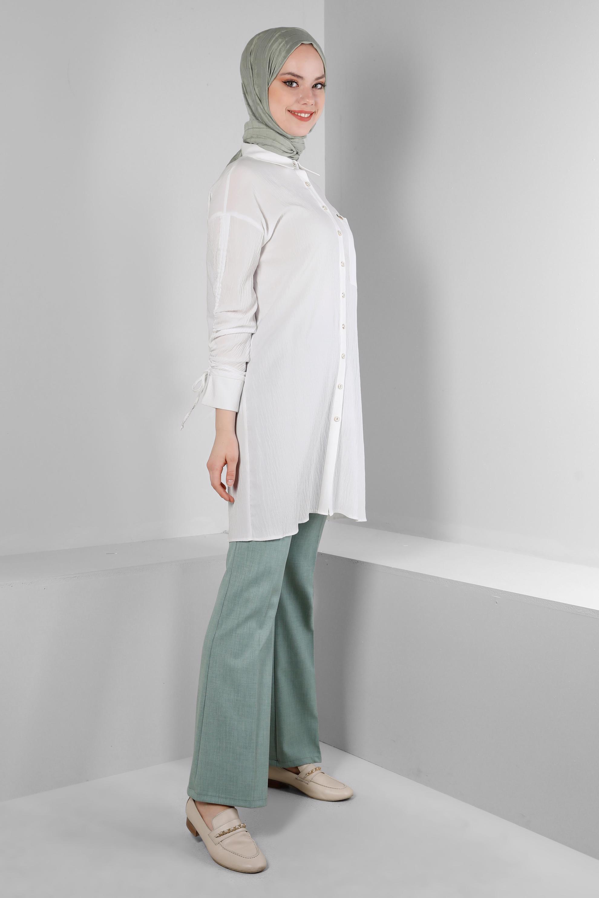 Tesettür giyim BEYAZ KOLU BÜZGÜLÜ GÖMLEK TUNİK 43604