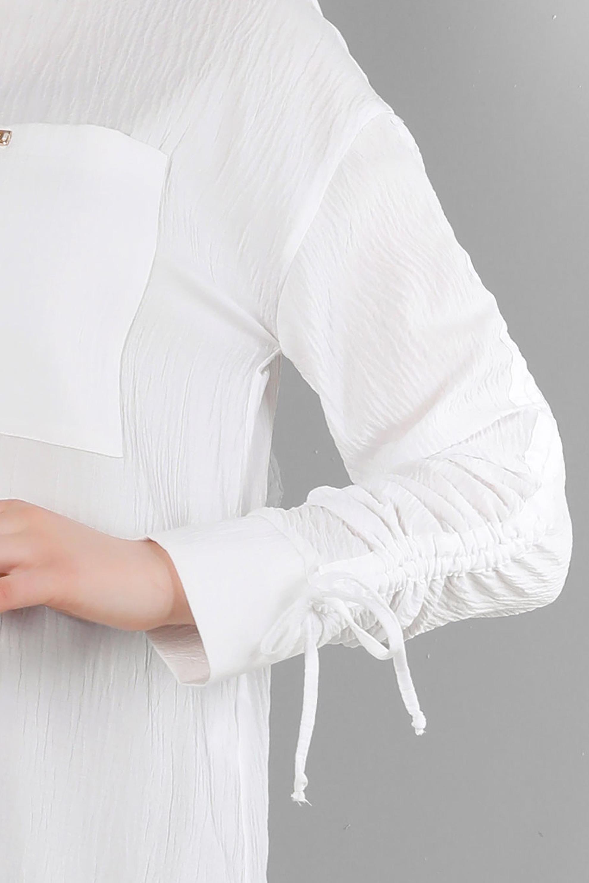 Tesettür giyim BEYAZ KOLU BÜZGÜLÜ GÖMLEK TUNİK 43604