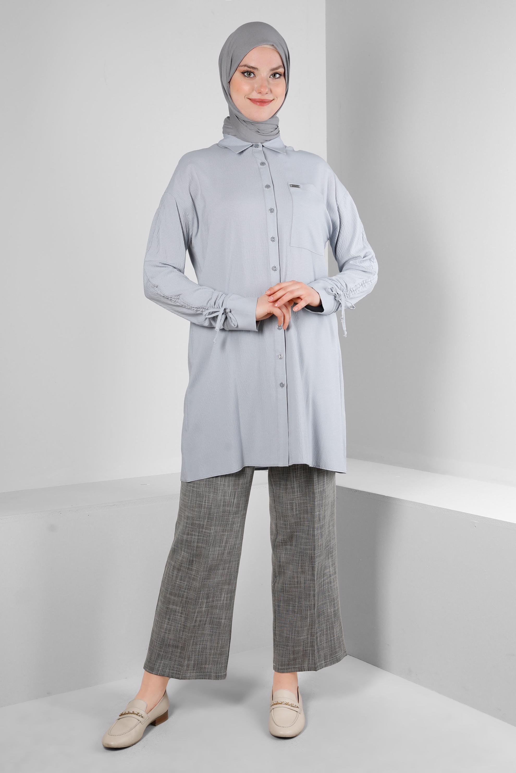 Tesettür giyim GRİ KOLU BÜZGÜLÜ GÖMLEK TUNİK 43604