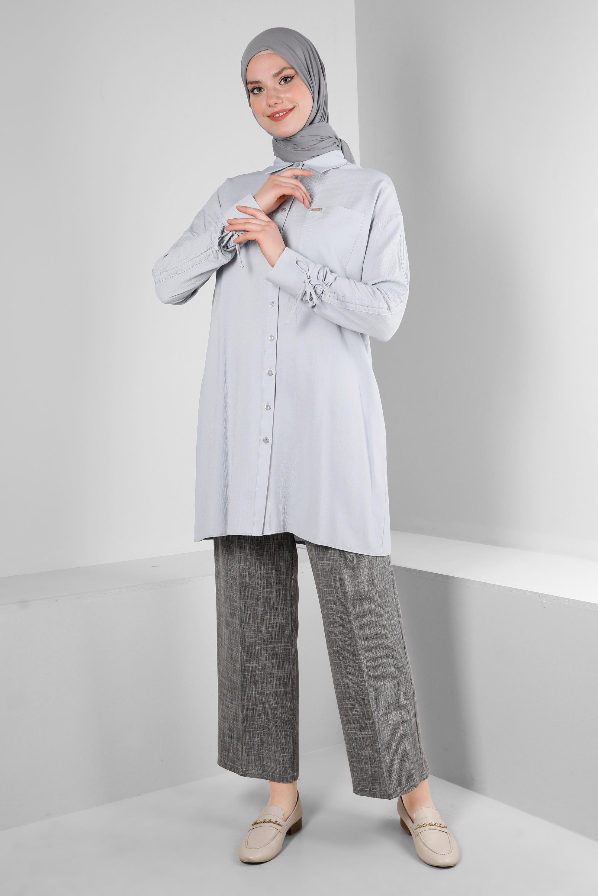 Tesettür giyim GRİ KOLU BÜZGÜLÜ GÖMLEK TUNİK 43604