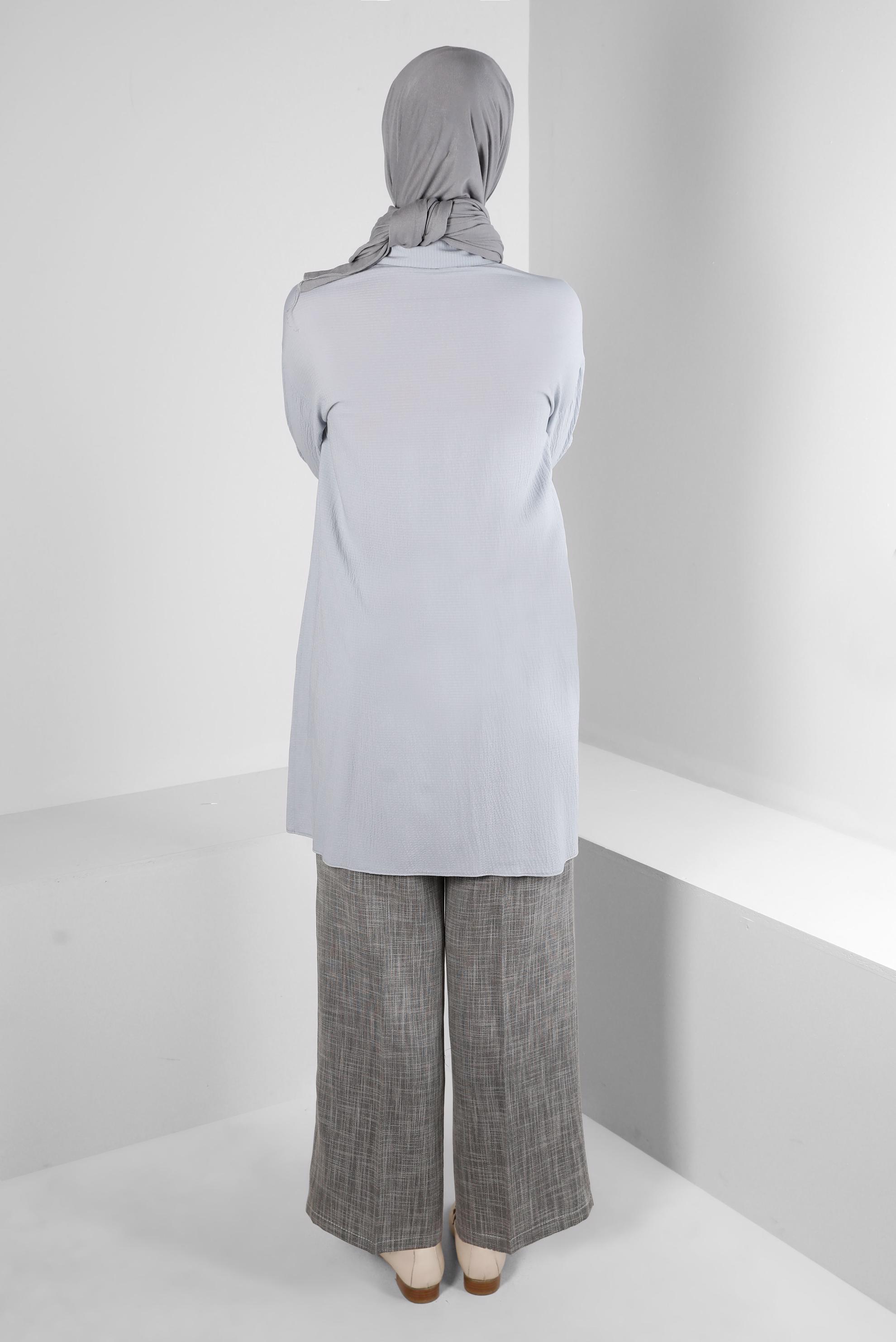 Tesettür giyim GRİ KOLU BÜZGÜLÜ GÖMLEK TUNİK 43604