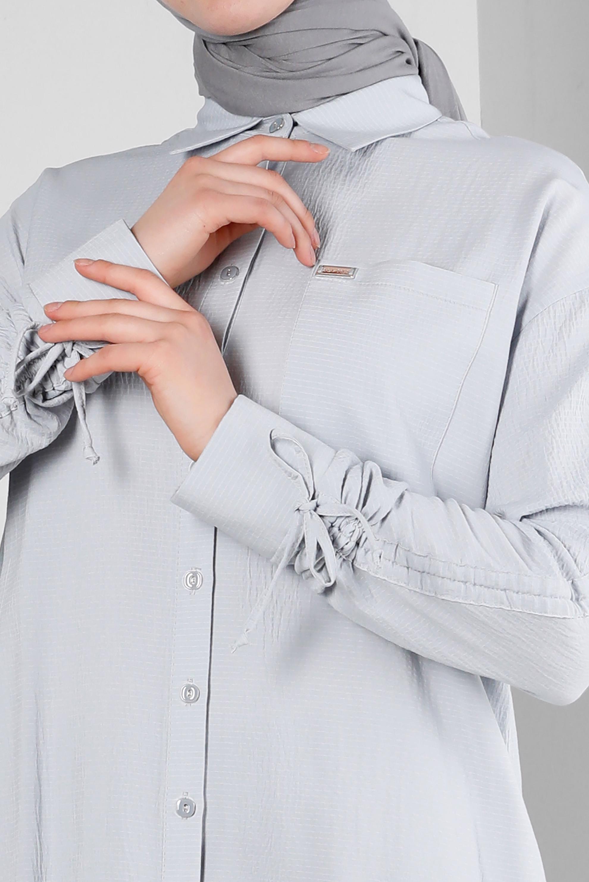 Tesettür giyim GRİ KOLU BÜZGÜLÜ GÖMLEK TUNİK 43604