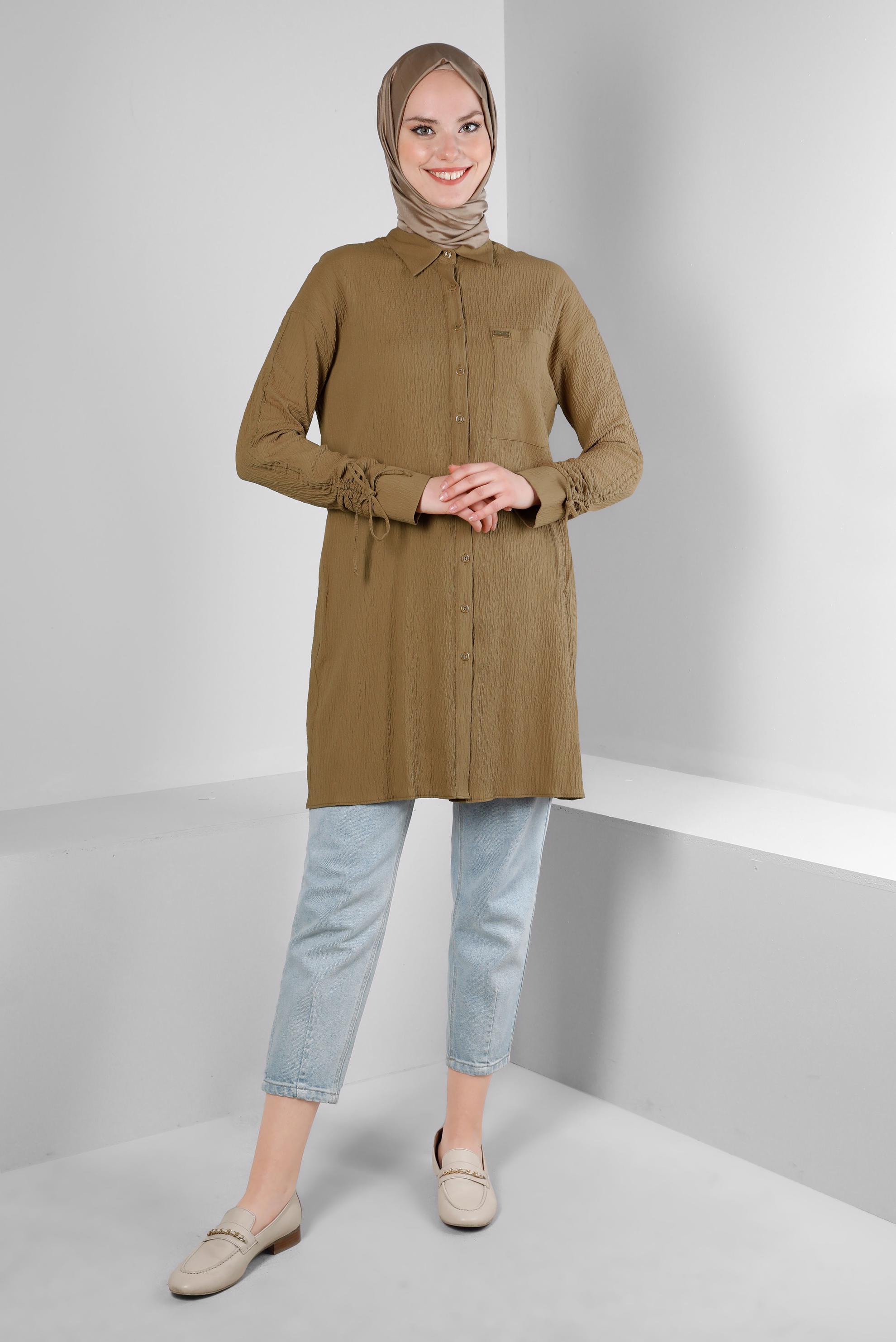 Tesettür giyim KAHVE KOLU BÜZGÜLÜ GÖMLEK TUNİK 43604