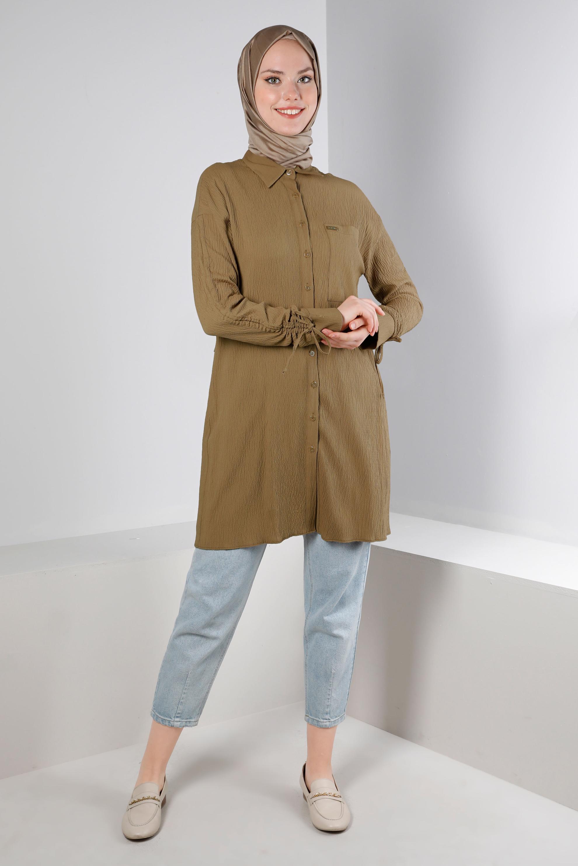 Tesettür giyim KAHVE KOLU BÜZGÜLÜ GÖMLEK TUNİK 43604
