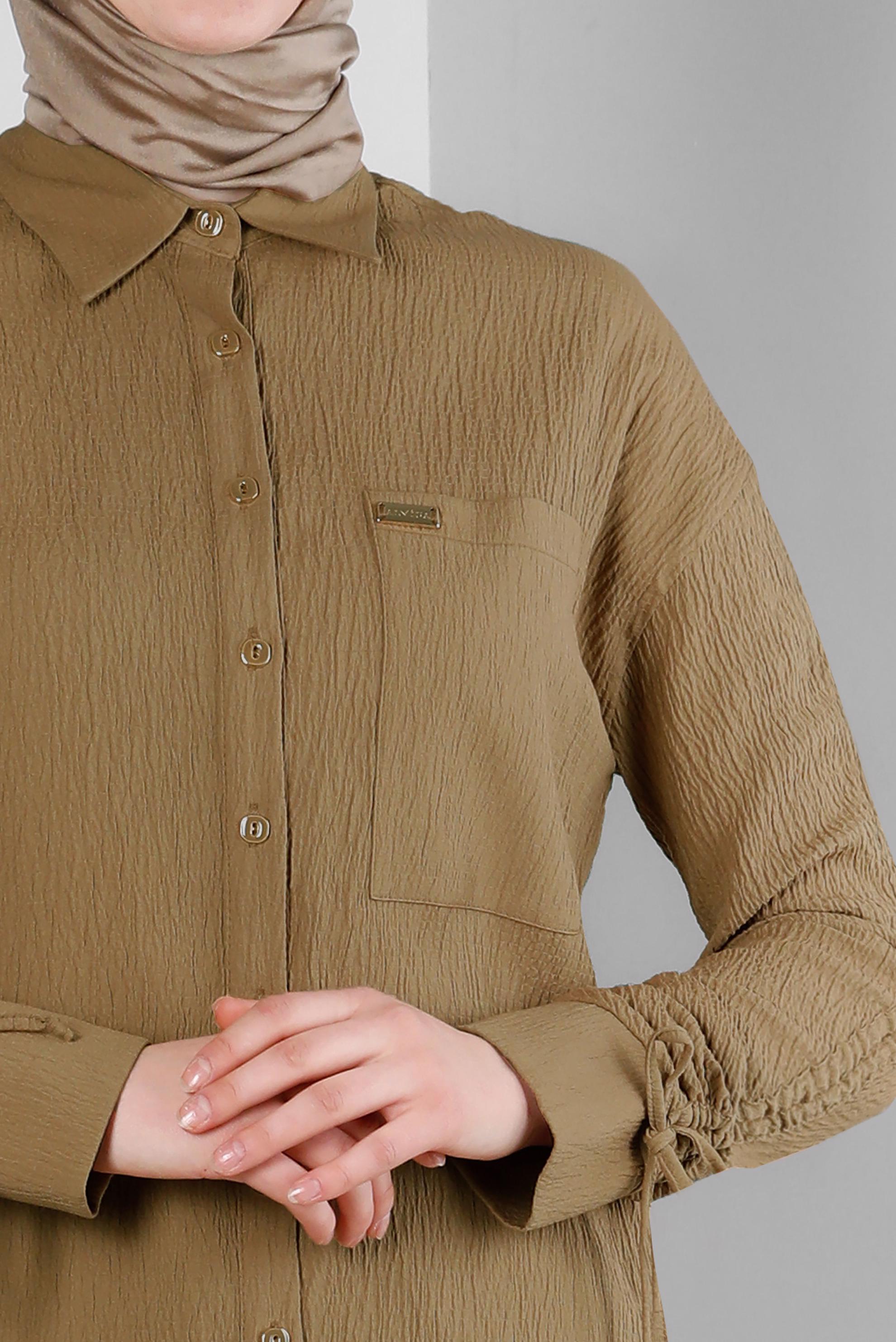 Tesettür giyim KAHVE KOLU BÜZGÜLÜ GÖMLEK TUNİK 43604