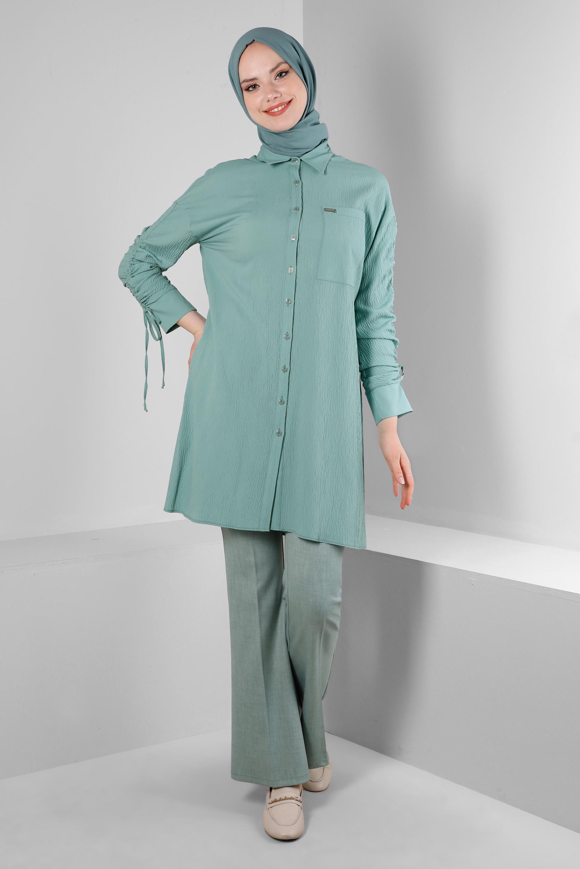 Tesettür giyim YEŞİL KOLU BÜZGÜLÜ GÖMLEK TUNİK 43604