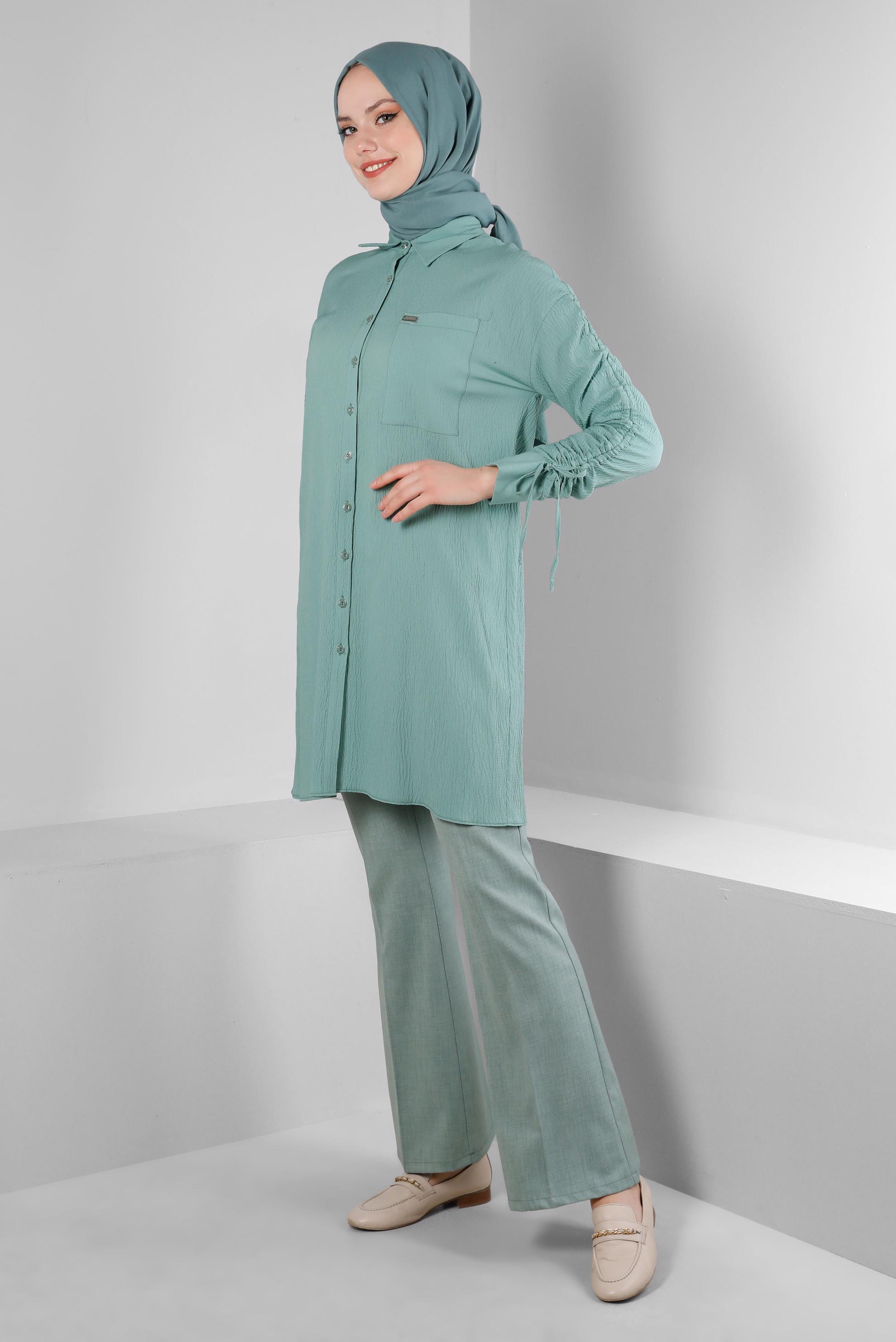 Tesettür giyim YEŞİL KOLU BÜZGÜLÜ GÖMLEK TUNİK 43604